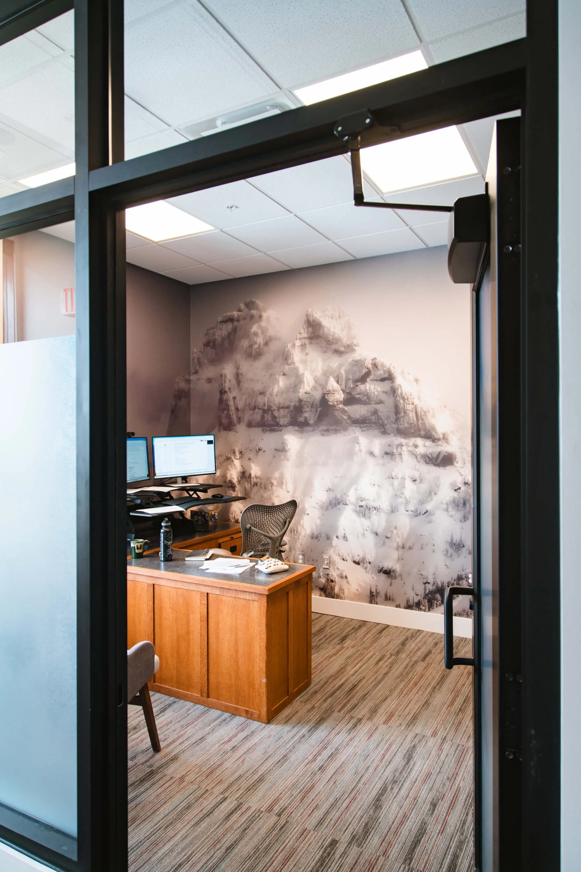 Monochromatic wall wrap featuring a dramatic snow-covered mountain range, providing a bold and calming backdrop to a professional workspace. Installed at Yellowstone Forever in Bozeman, MT.
