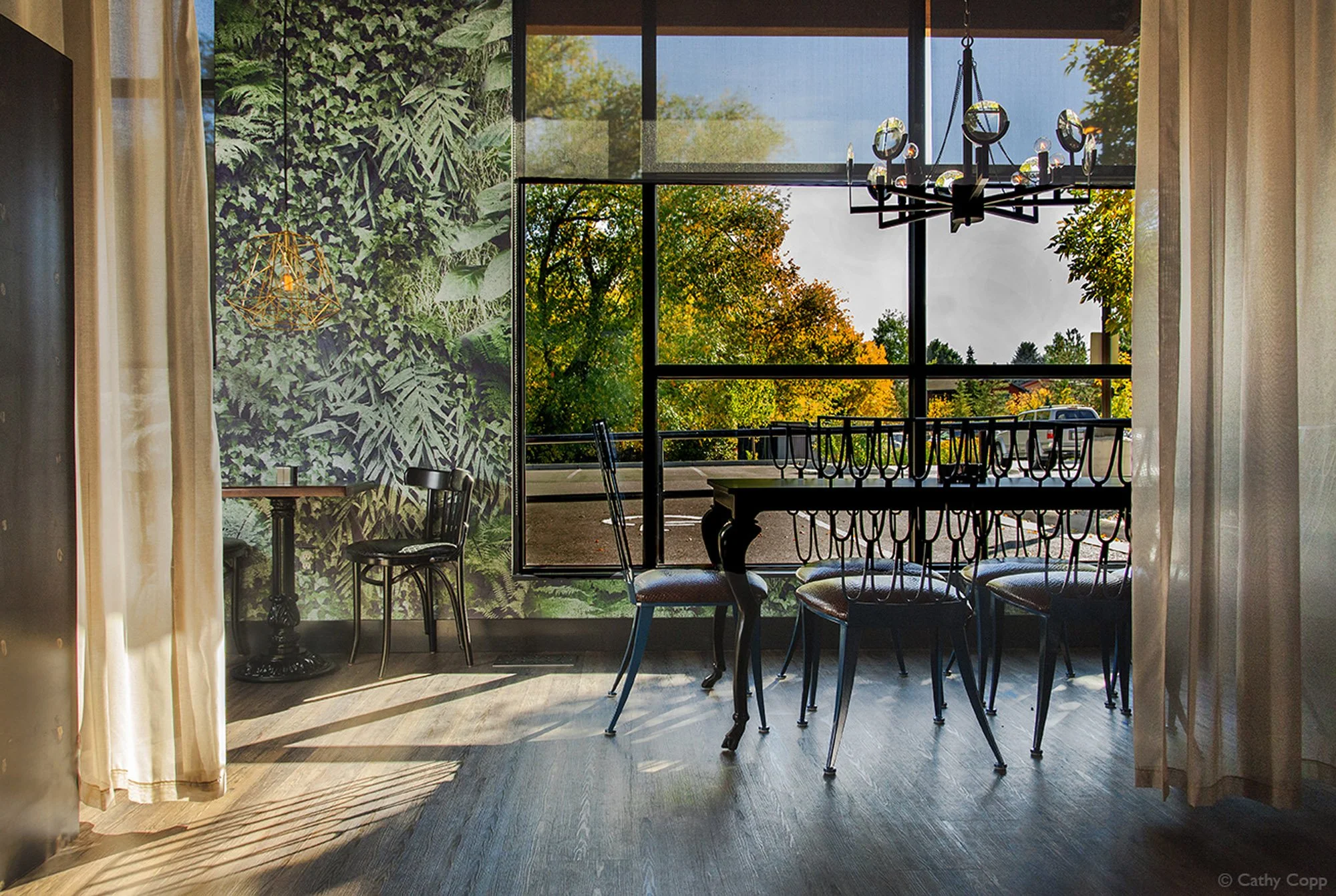 Stylish restaurant dining area at Feast Raw Bar & Bistro in Bozeman, Montana, with a leafy green wall wrap accent wall, black dining chairs and tables, and floor-to-ceiling windows overlooking fall foliage.