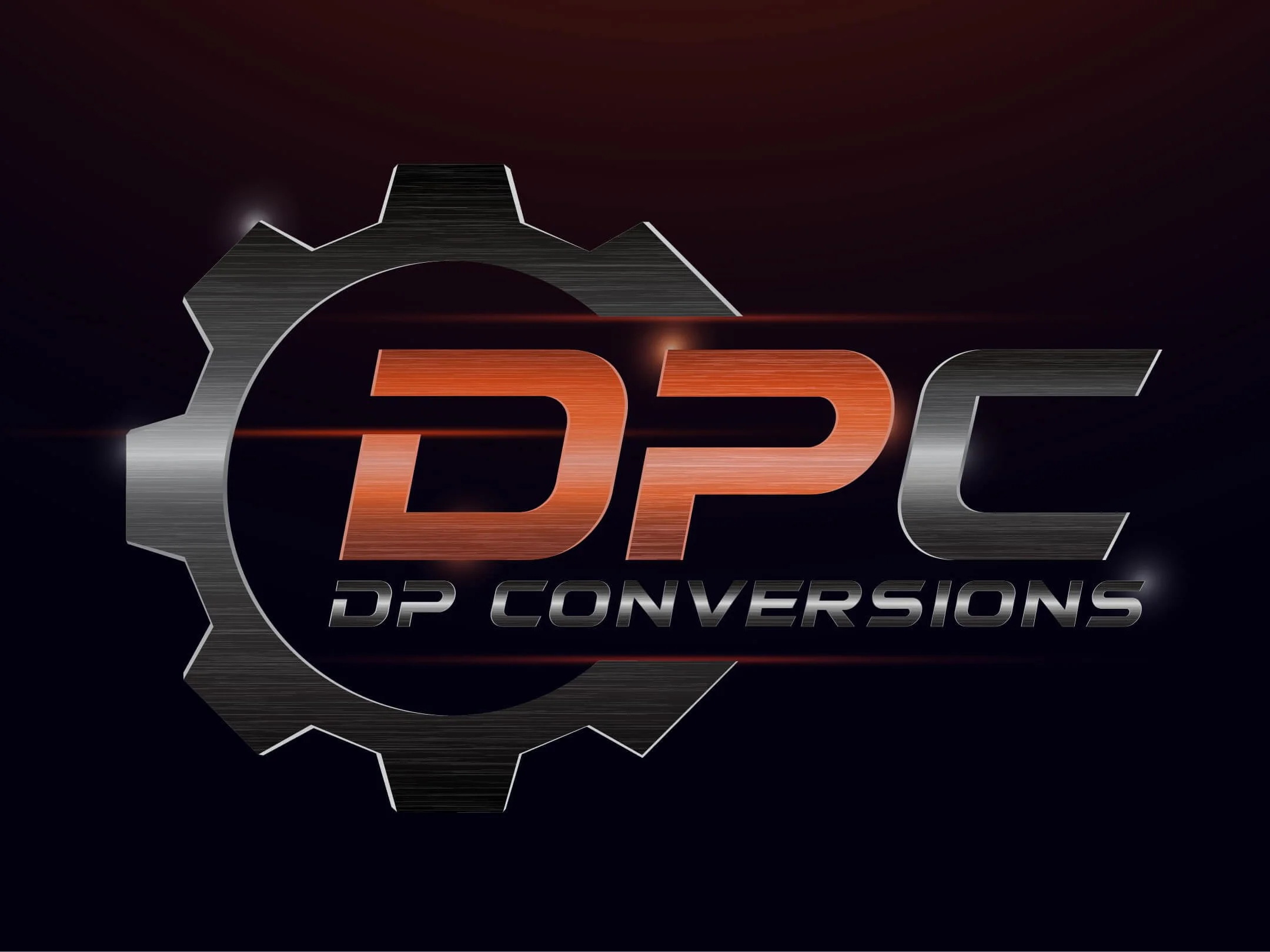 Logo of DP Conversions featuring stylized gears and metallic lettering on a dark background.