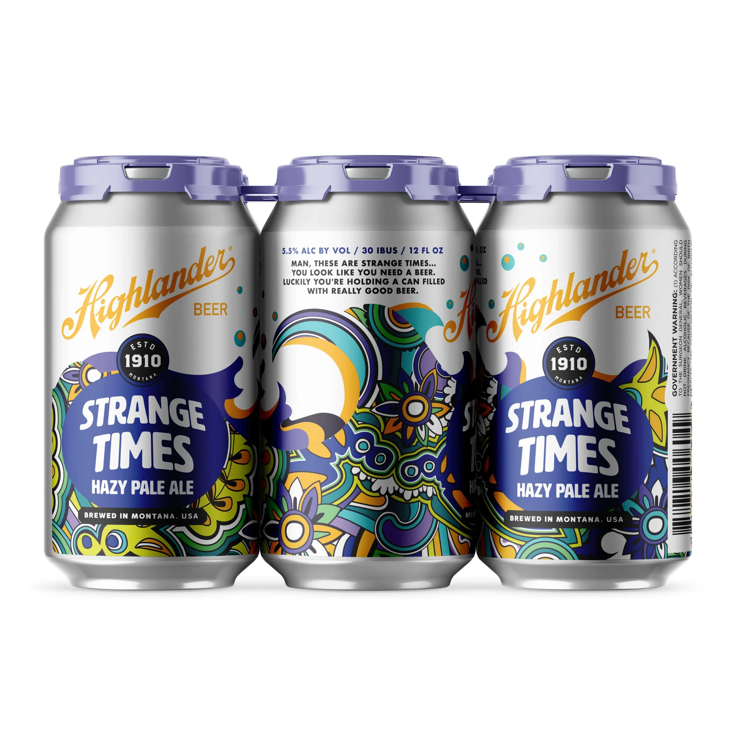 Highlander Beer Strange Times Hazy Pale Ale cans with colorful designs, brewed in Montana, USA.