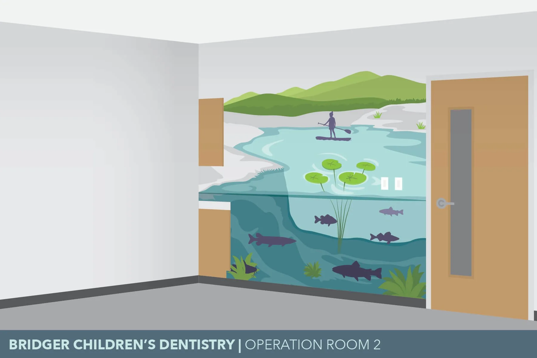 Illustration of a children's dental office room at Bridger Children's Dentistry with a wall wrap showing a lake scene, including mountains, a person paddleboarding, lily pads, and fish underwater.