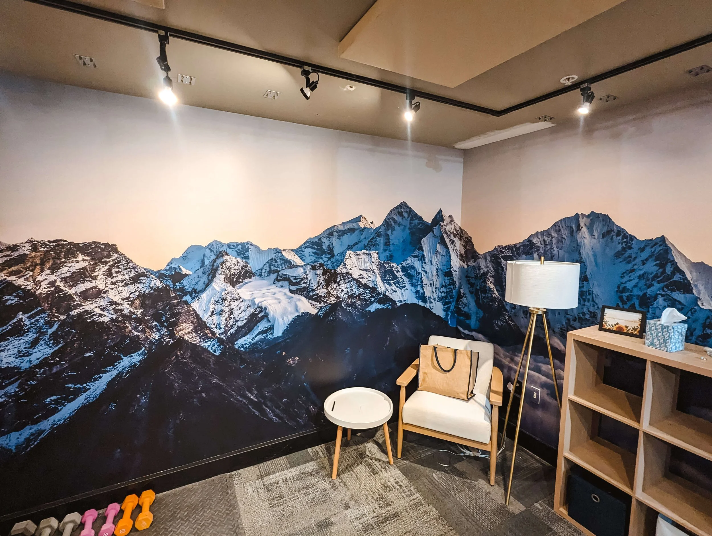 Calming wellness room featuring a panoramic mountain range interior wall wrap, weights on the floor, and neutral-toned furniture. Location: Bozeman, MT.