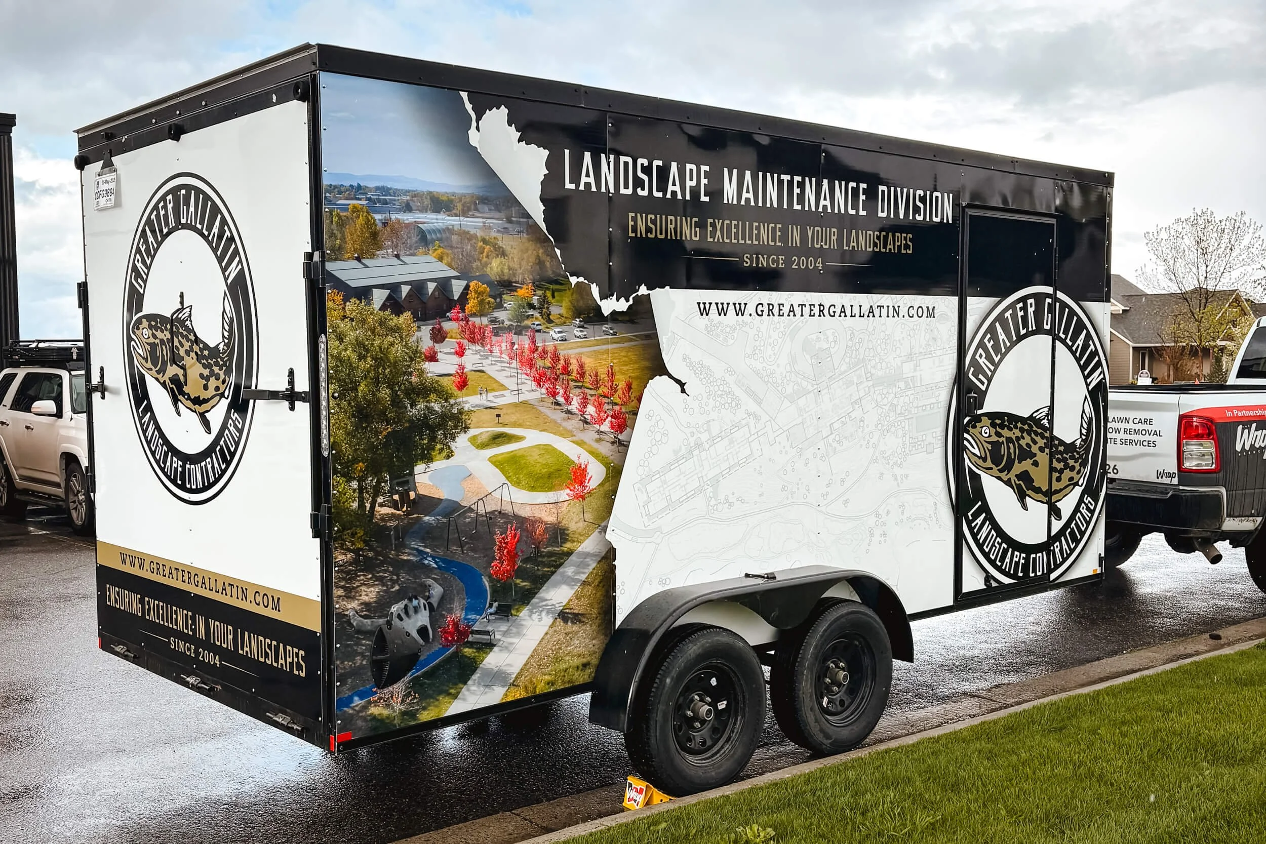 Back and side wraps of a small trailer for a landscaping company in Bozeman, MT. 