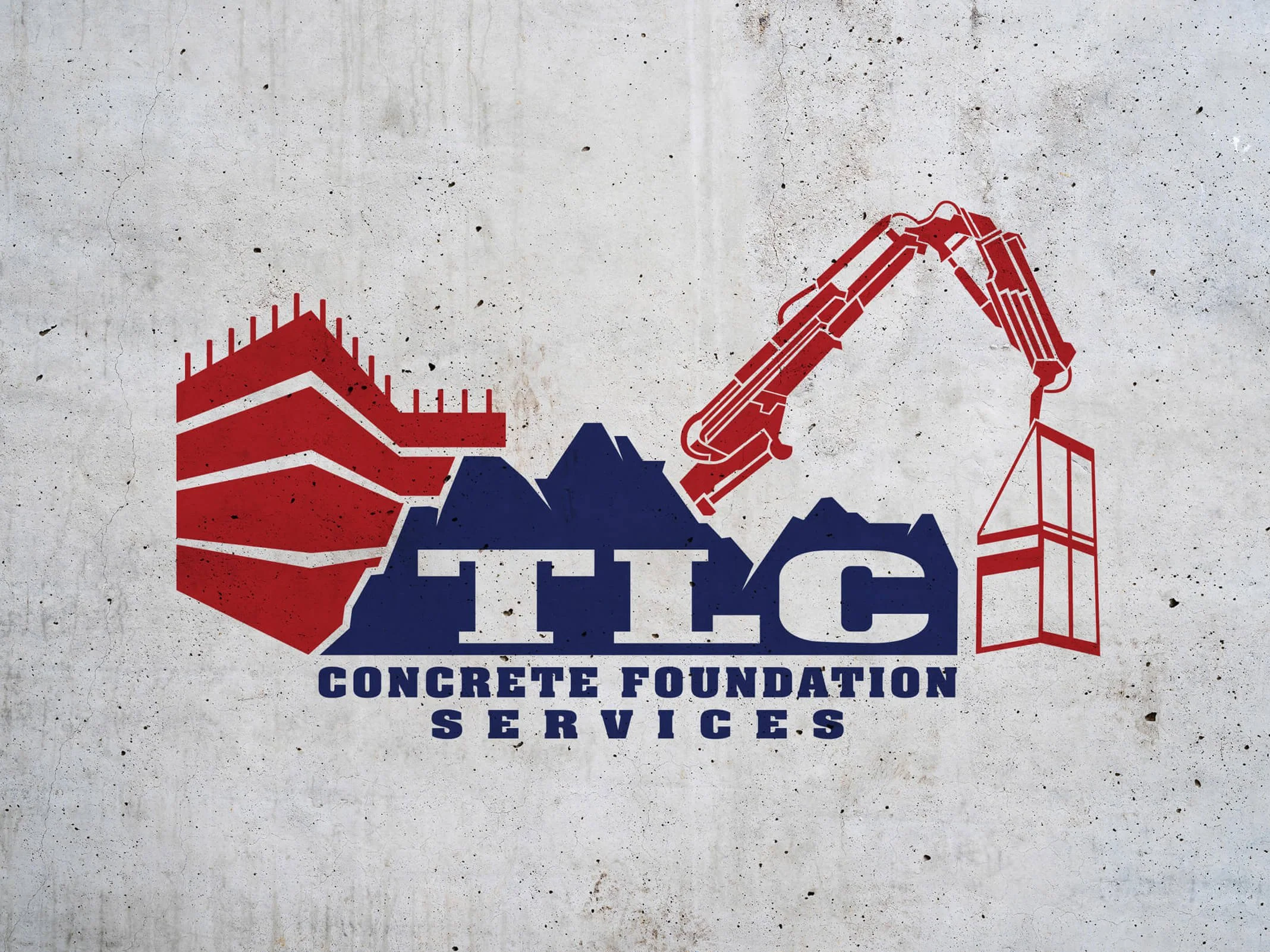 Logo for TLC Concrete Foundation Services featuring red construction graphics and blue text on a concrete background.