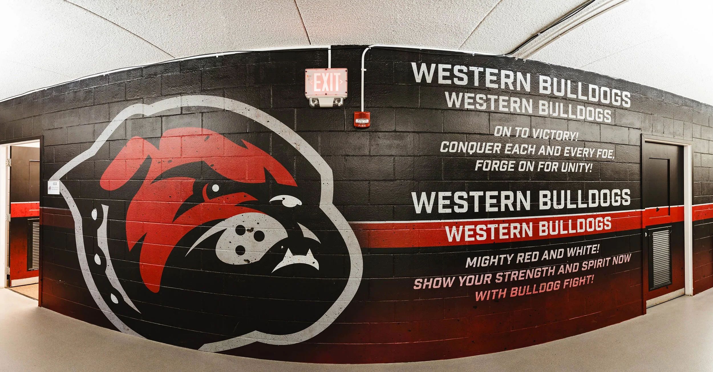 Panoramic hallway featuring a large bulldog mascot and motivational “Western Bulldogs” chant printed on a red, black, and gray wall wrap, celebrating team pride and unity in Dillon, MT.