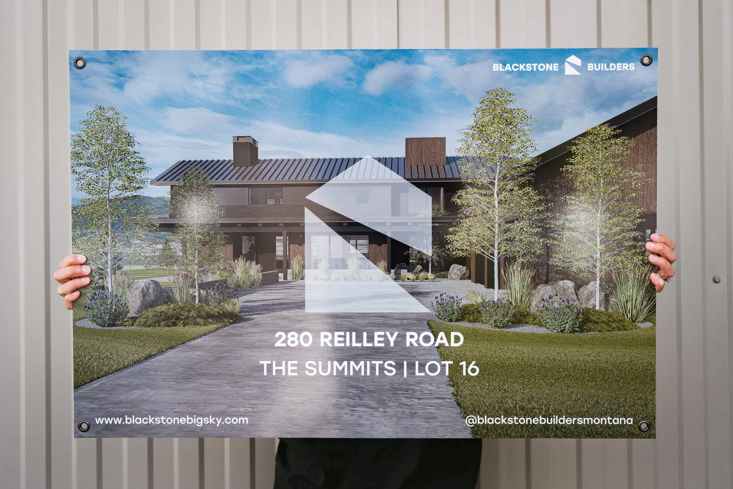 Residential building marketing sign featuring a full bleed rendering of the home with a mountain landscape background. Custom dibond sign for a Bozeman building company