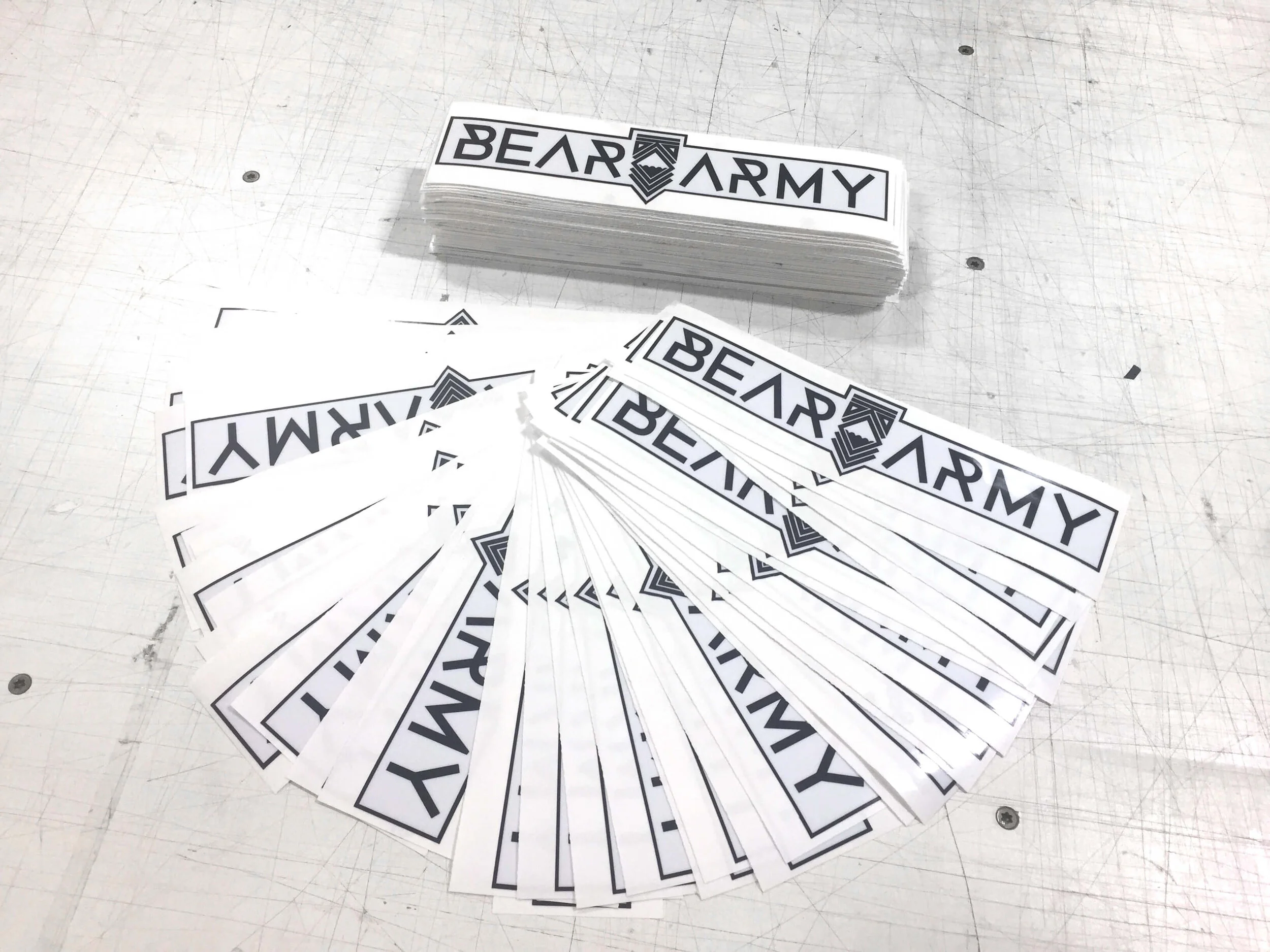 Bear Army stickers printed in bulk with clean black-and-white branding.