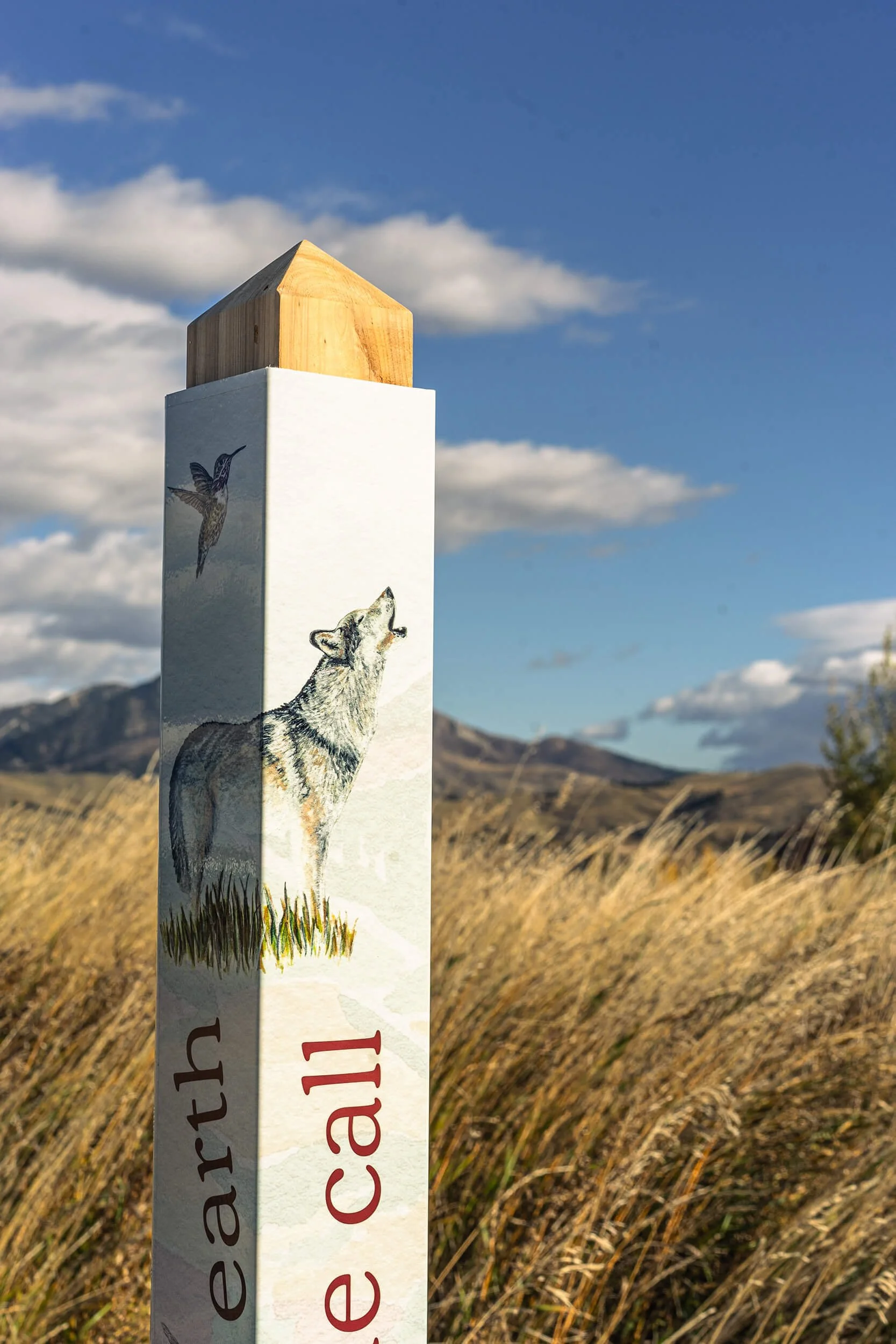 Custom vinyl wrap on a peace pole set in an open field, featuring a wolf illustration and the text “We call,” offering a naturalistic and educational outdoor installation.