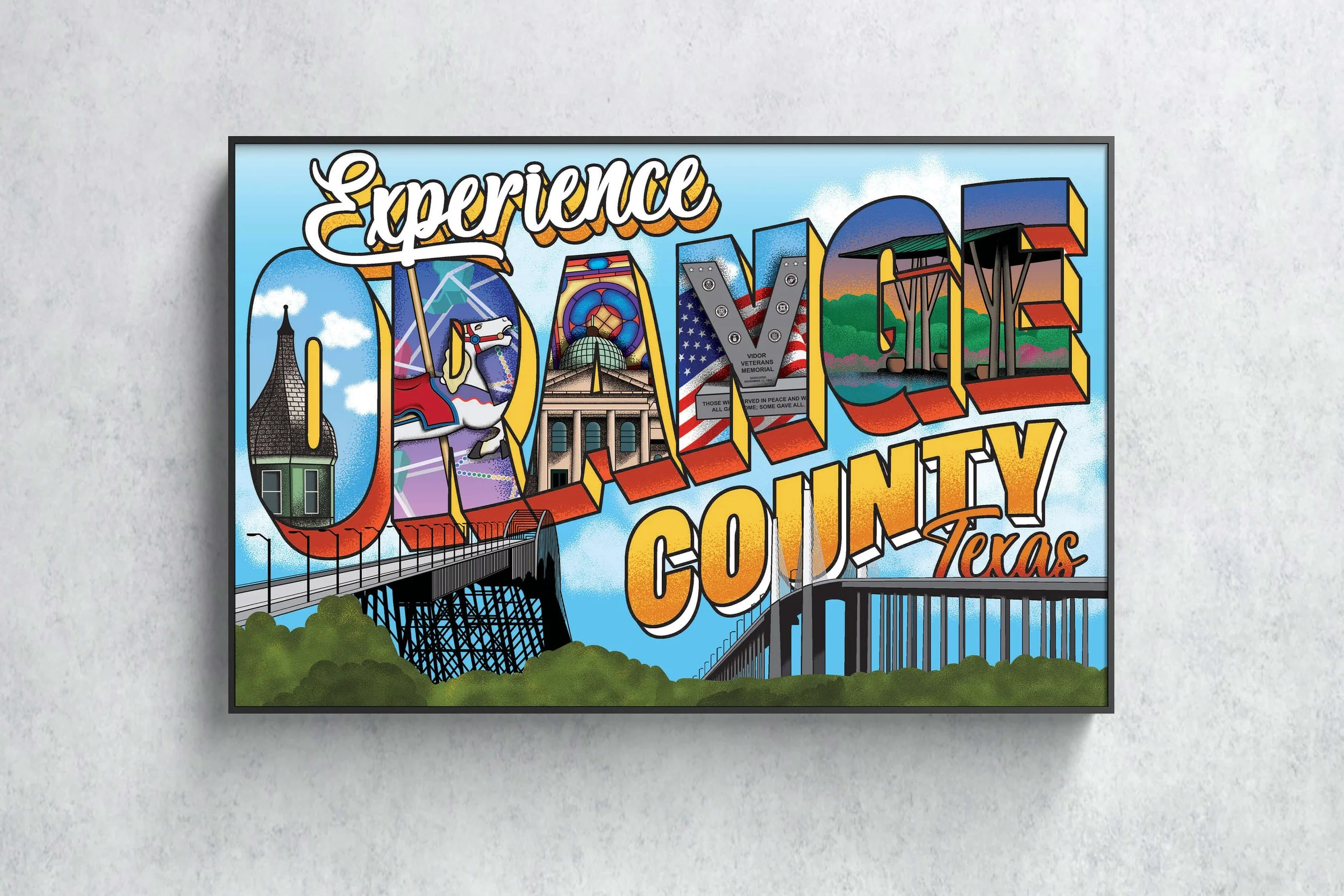 Experience Orange County Texas poster with stylized letters featuring local landmarks and designs, set against a light blue background.