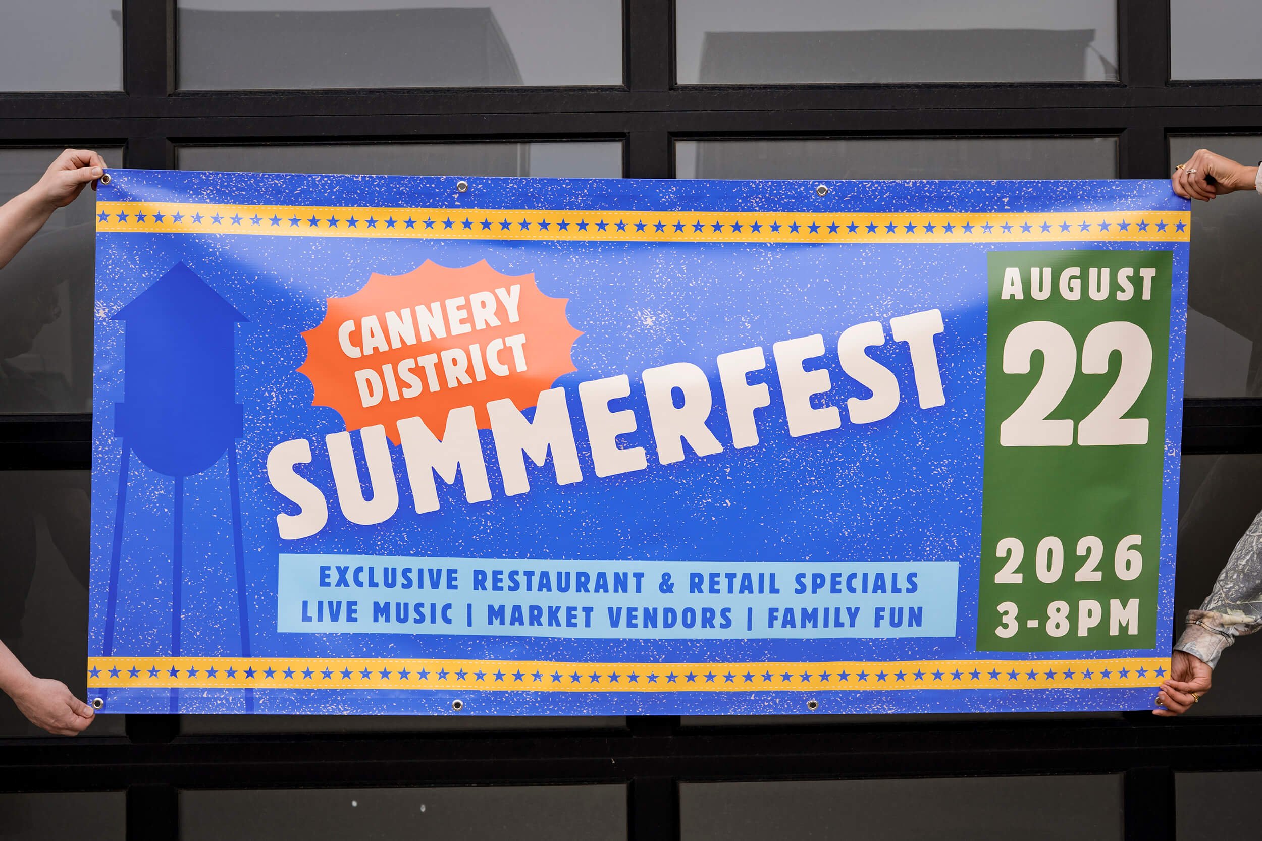Bright color-block banner for Cannery District's Summerfest on August 22, 2026 in Bozeman, Montana