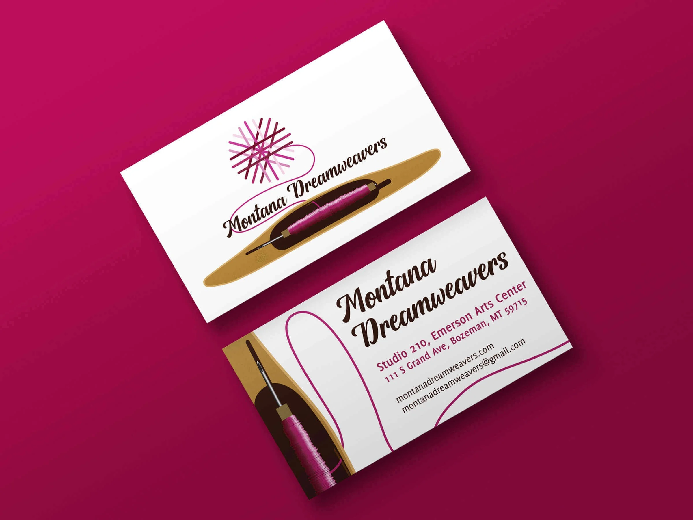 Business cards for Montana Dreamweavers on a pink background, featuring a logo with yarn and shuttle, and contact information including address and email.