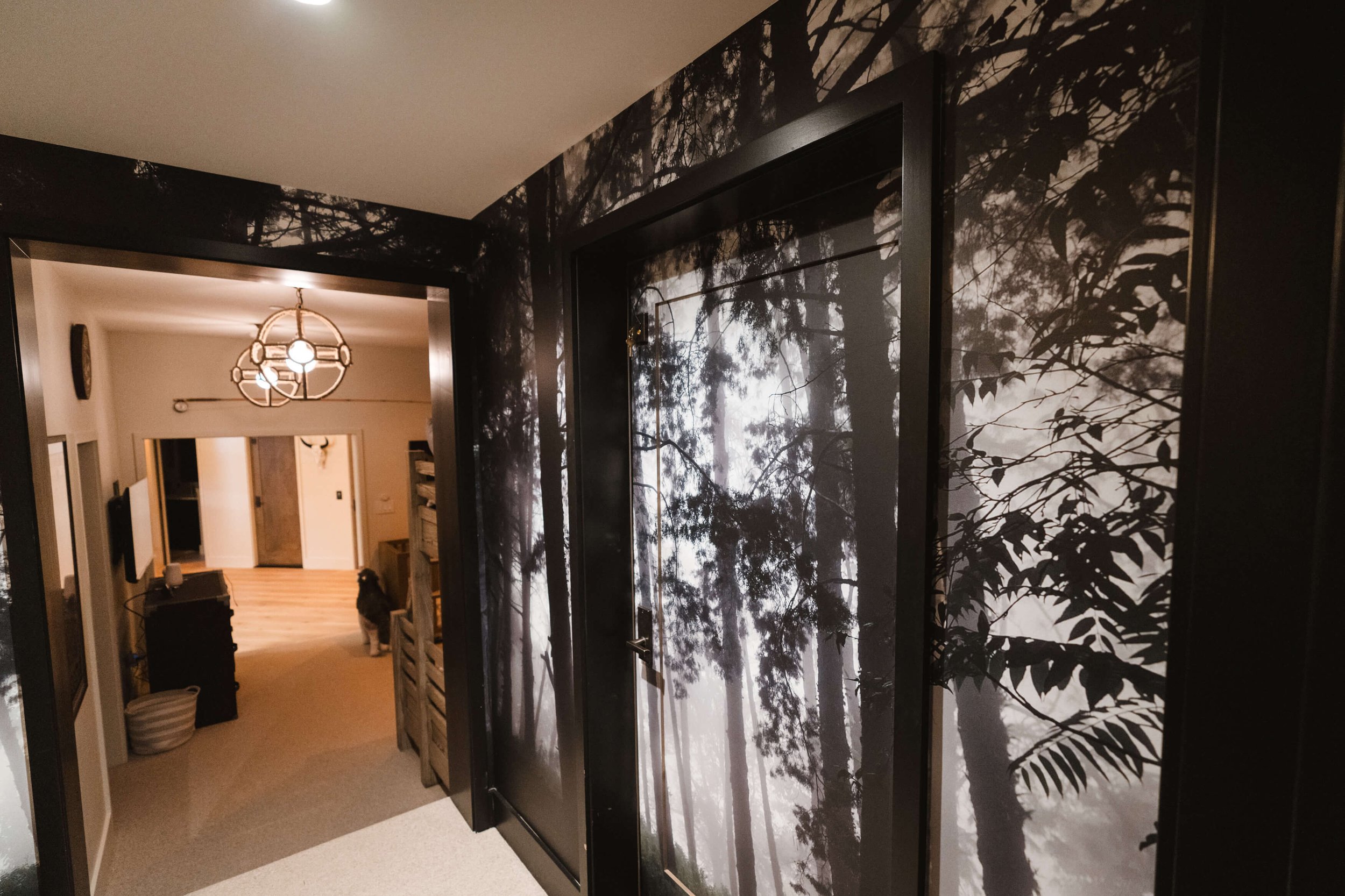 Immersive hallway with matching misty forest wall wraps on multiple walls and doors, creating a seamless indoor forest experience. Location: Big Sky, MT.