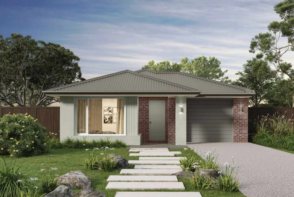 Front view of a modern house with a grey metal roof, brick accents, a large window, and a small porch with concrete stepping stones leading to the front door. Within the Elloura Estate, Nagambie. House is built by JG Kings Homes.