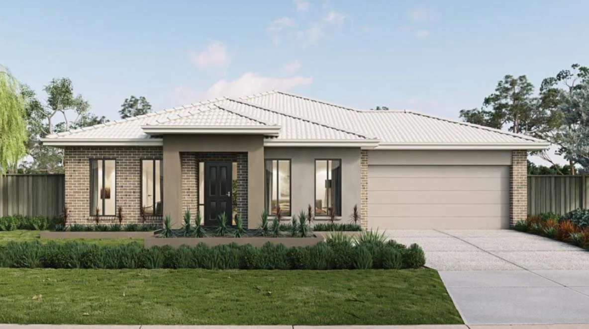 Front view of a modern single-story house with a grey tiled roof, brick and stucco exterior, large windows, and a two-car garage. Well-maintained lawn with shrubs and plants. Within the Elloura Estate, Nagambie. House is built by JG Kings Homes.