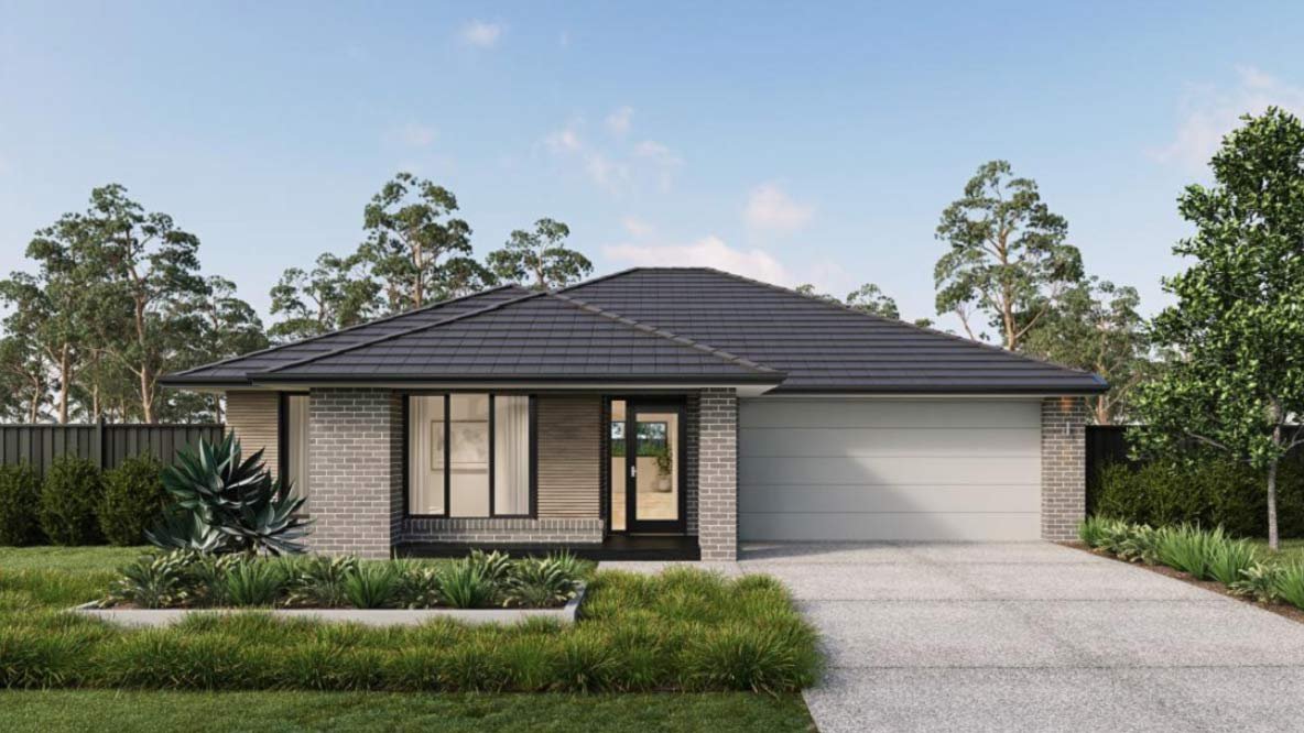 Front view of a modern single-story house with a gray roof, brick and siding exterior, large front window, and a parking area with a driveway, surrounded by green lawn and plants. Within the Elloura Estate, Nagambie. House is built by Metricon Homes.