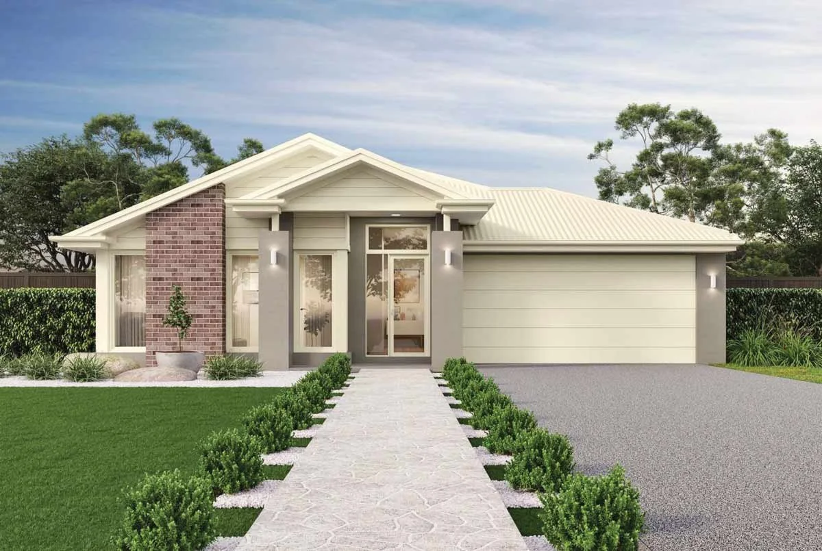 A modern single-story house with a white roof, cream-colored siding, a brick accent wall, within the Elloura Estate, Nagambie. House is built by Metricon Homes.