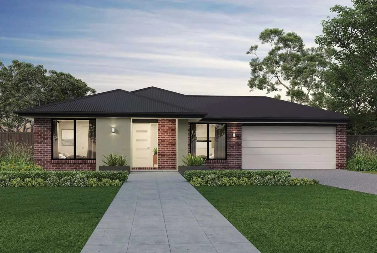 Front view of a modern single-story house with brick and light-colored exterior, black roof, large front windows, a white door, landscaped yard, and a driveway on the right. Within the Elloura Estate, Nagambie. House is built by JG Kings Homes.