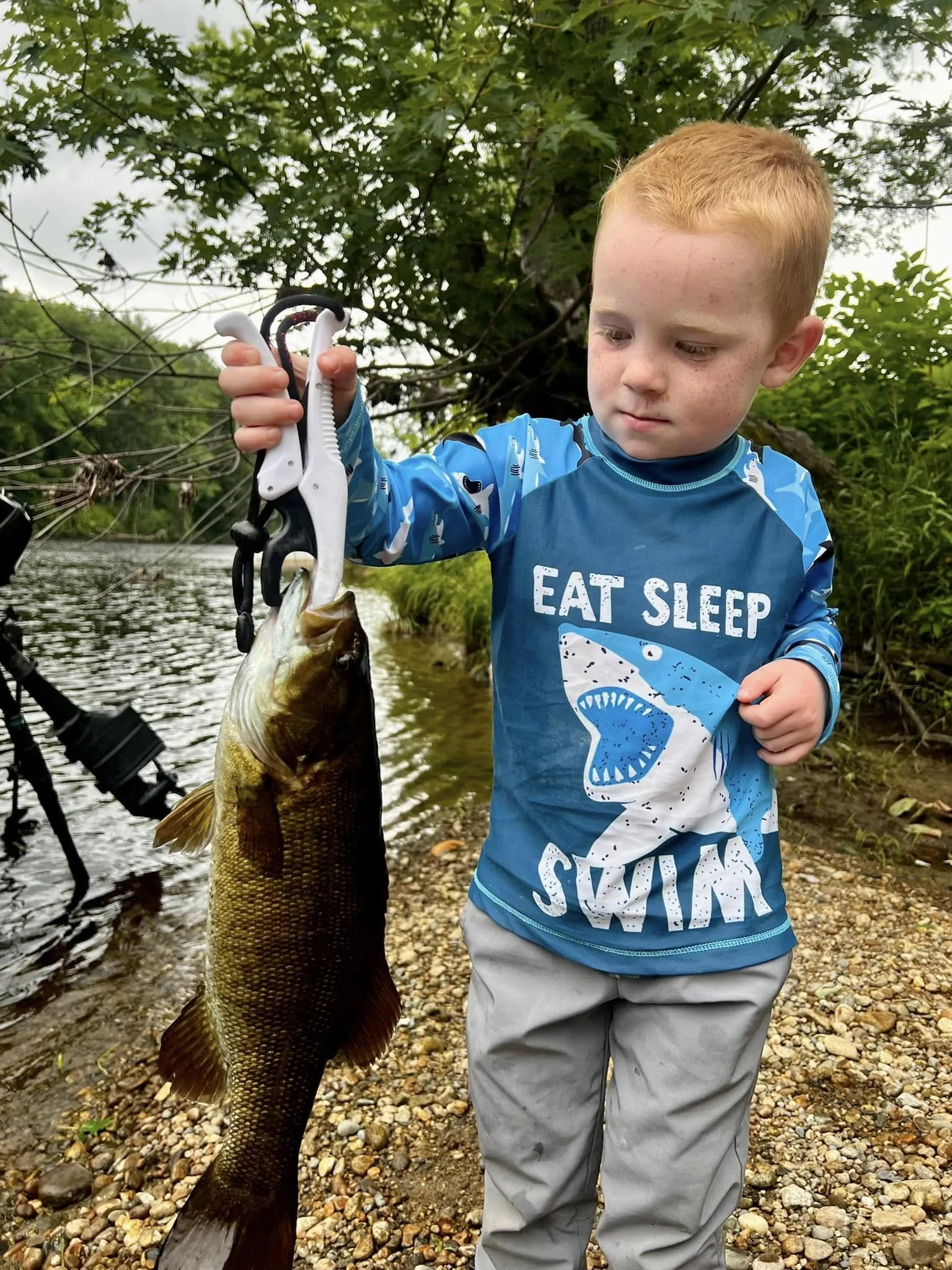 Oliver Bichrest, 3 years old with a 15.5" Androscoggin river smallmouth bass