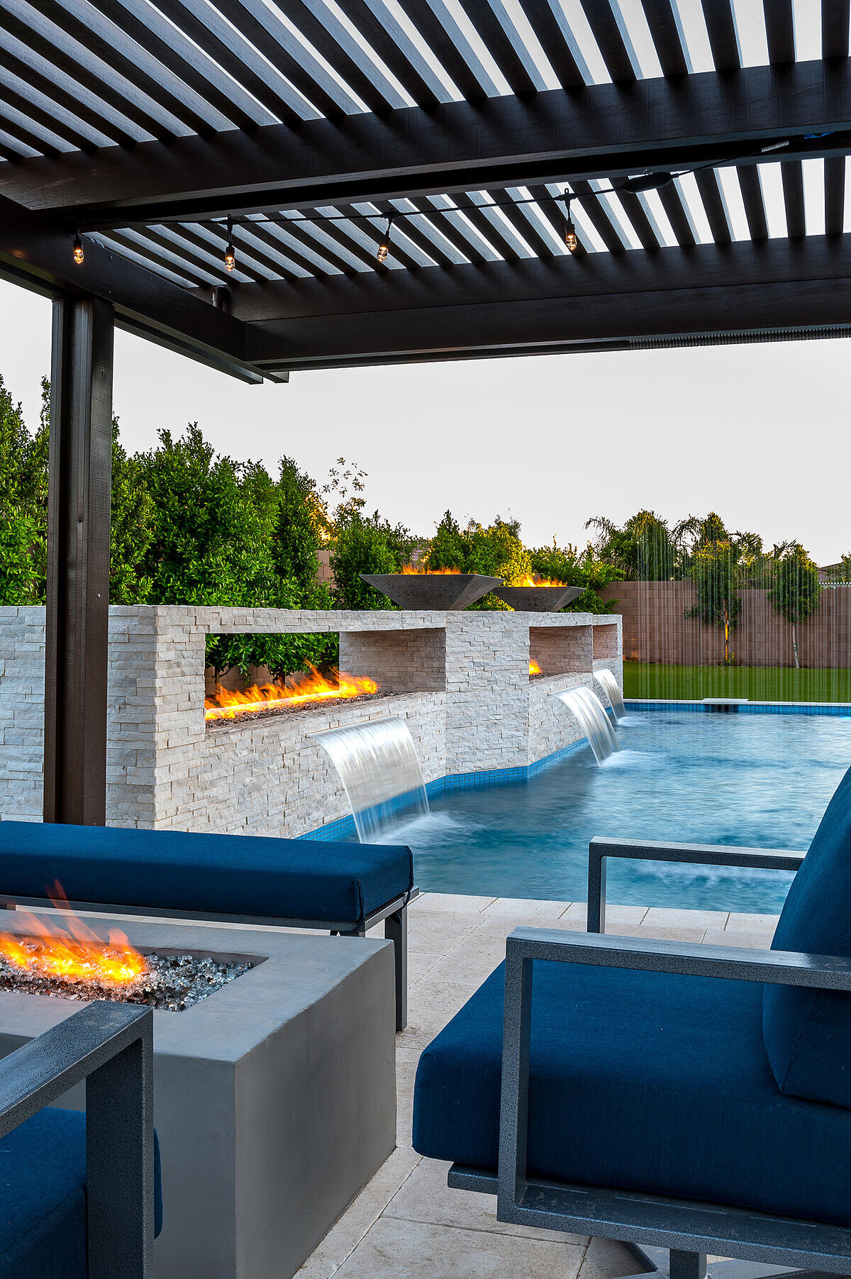 pergola over pool on Pool Design Spotlight The Great Wall Of Fire In Gilbert Arizona Presidential Pools Spas Patio
