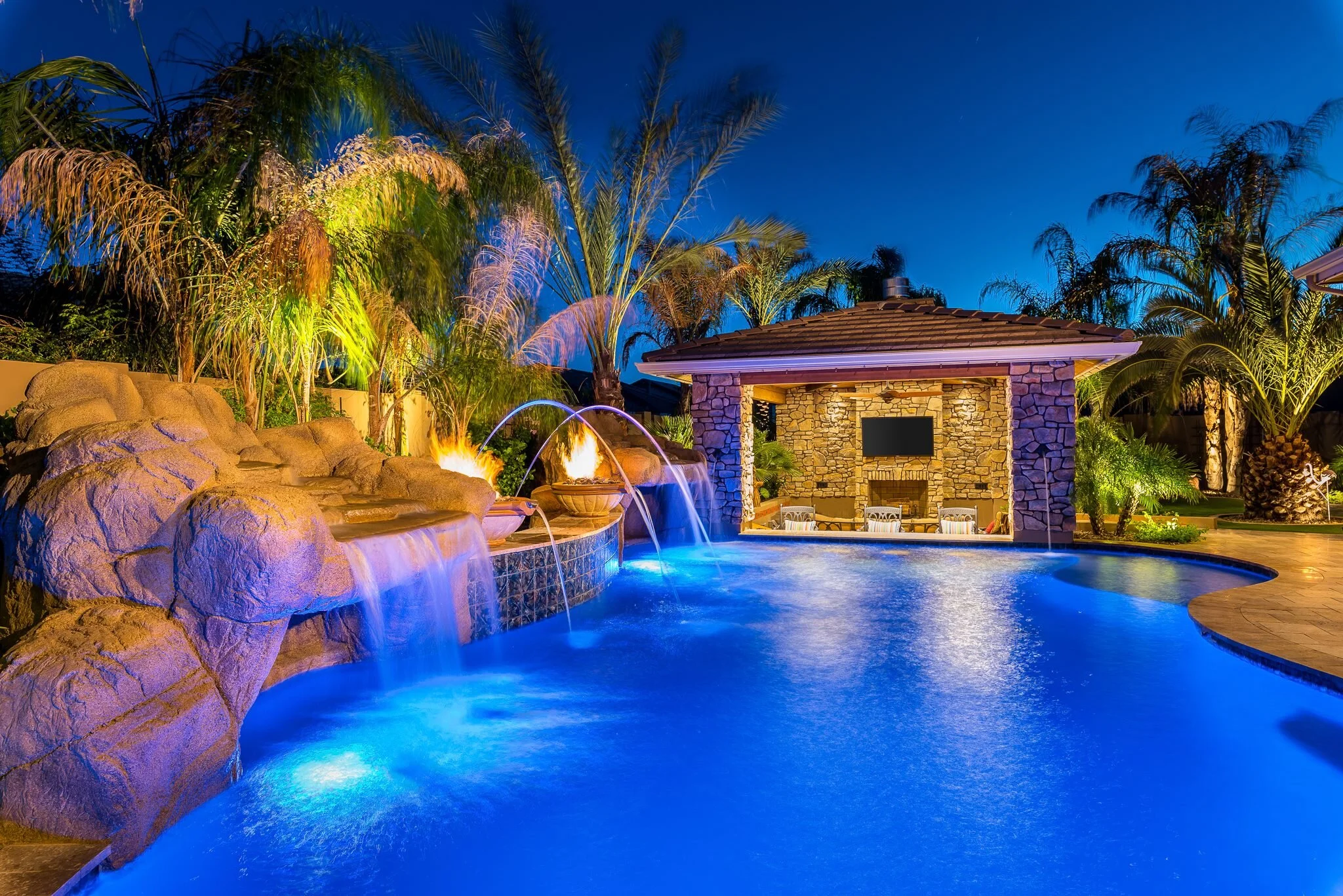 Night Time Swimming Pool Lighting Waterfall Baja Step Swimup Bar.jpg