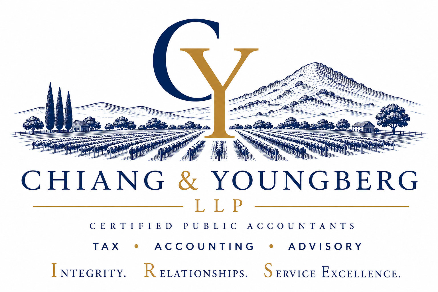 Logo for Chiang & Youngberg LLP, Certified Public Accountants, with a detailed illustration of a vineyard, trees, a house, and mountainous landscape in the background. Text highlights services such as tax, accounting, and advisory, and emphasizes integrity, relationships, and service excellence.