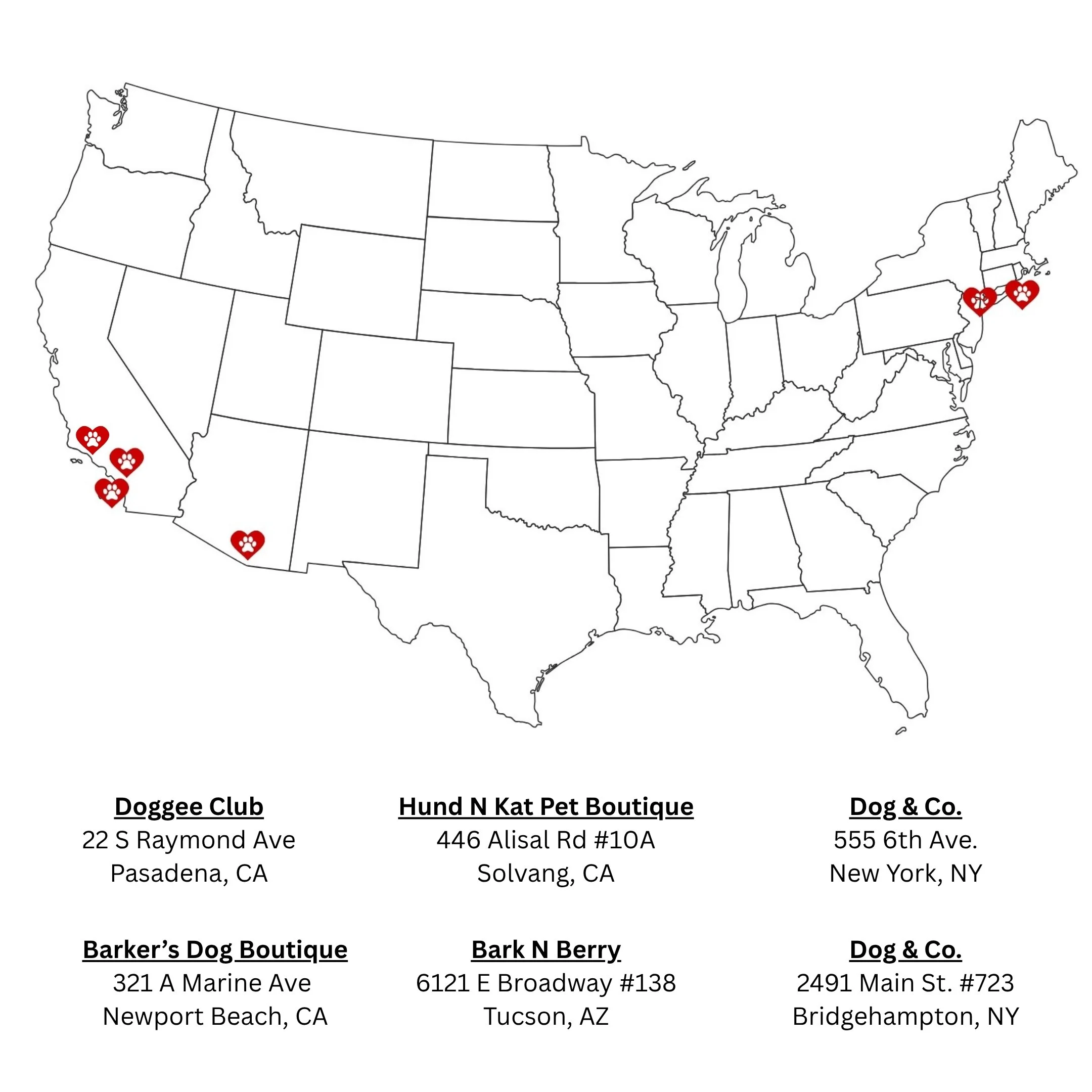 Map of U.S. stores that carry Margo dog sling carriers in California, Arizona, and New York.