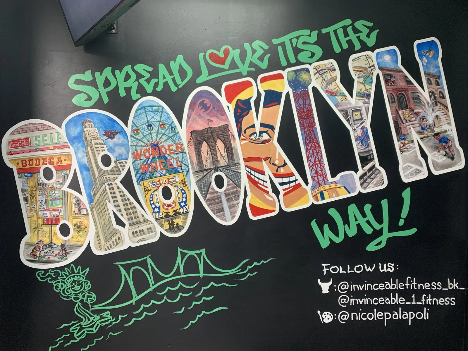 Mural by Nicole Palapoli: Spread love, it’s the Brooklyn way, hand lettering