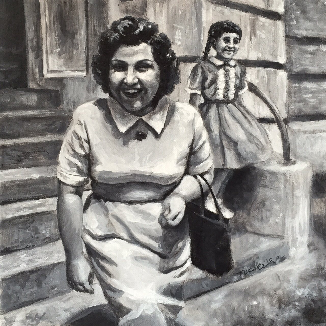 Portrait by Nicole Palapoli: woman on a stoop, black and white
