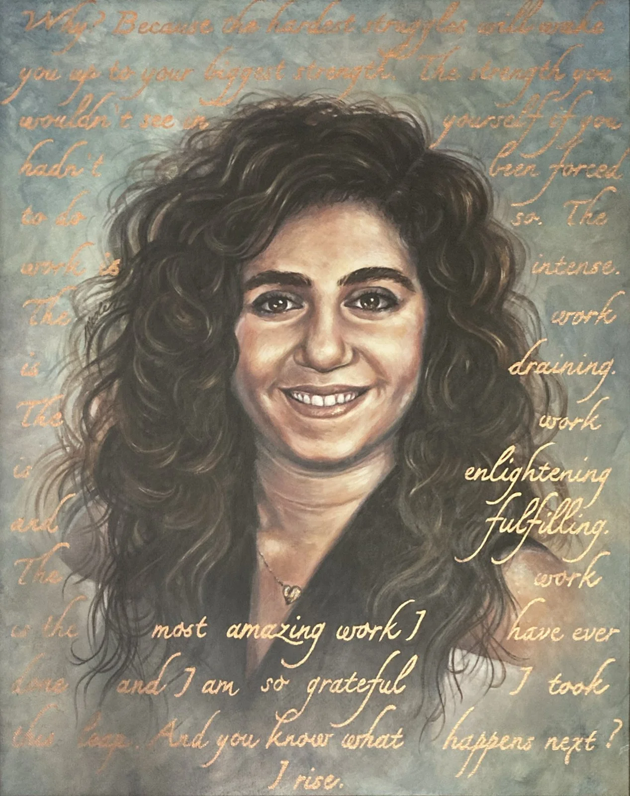 Portrait by Nicole Palapoli: woman with handwritten words