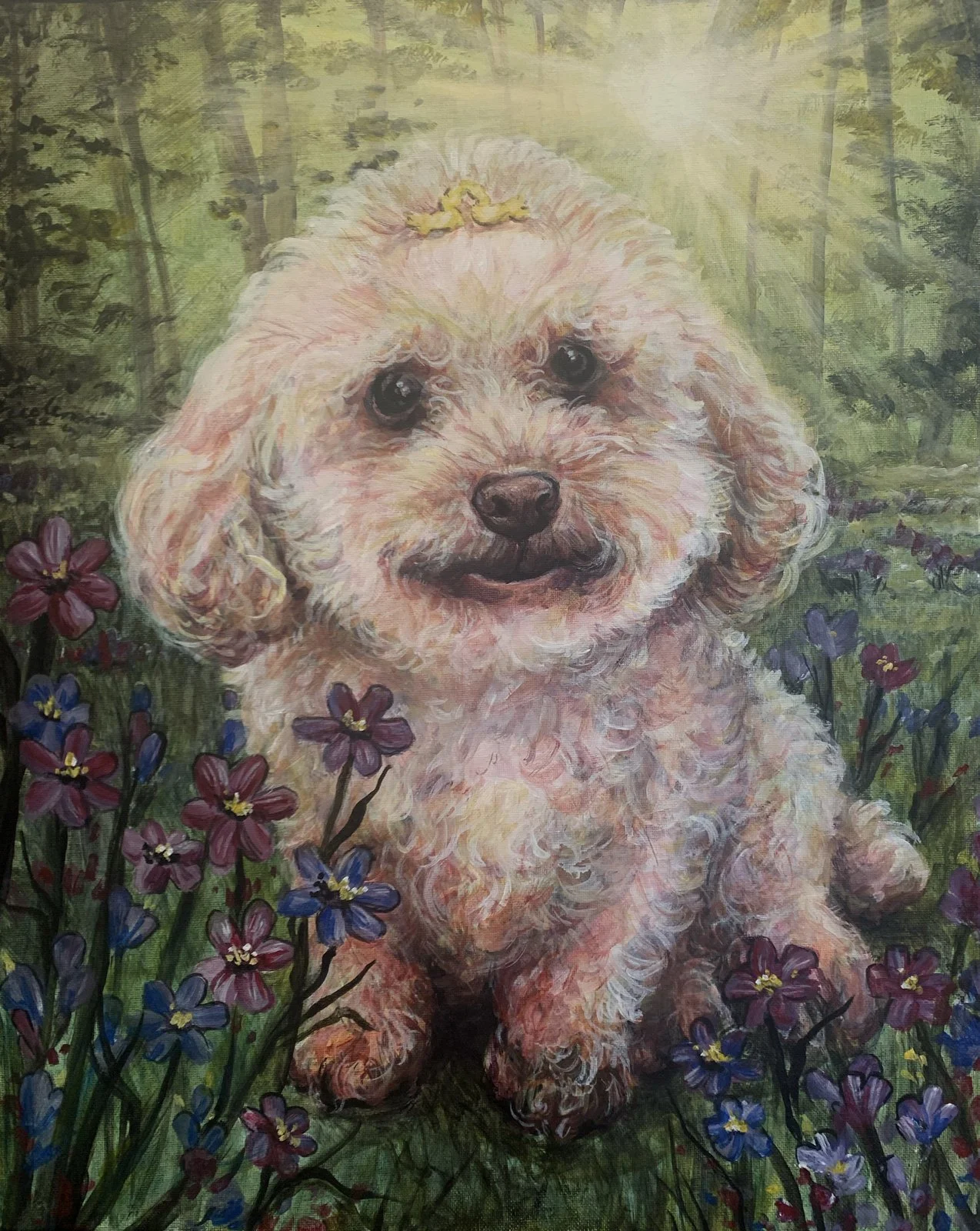 Portrait by Nicole Palapoli: small white dog among wildflowers