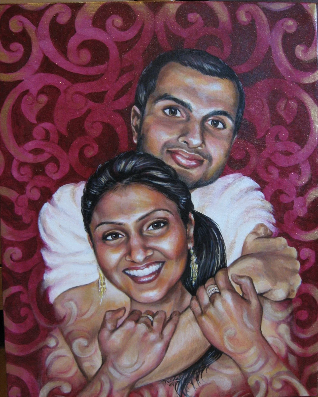 Portrait by Nicole Palapoli: couple embracing on a red pattern