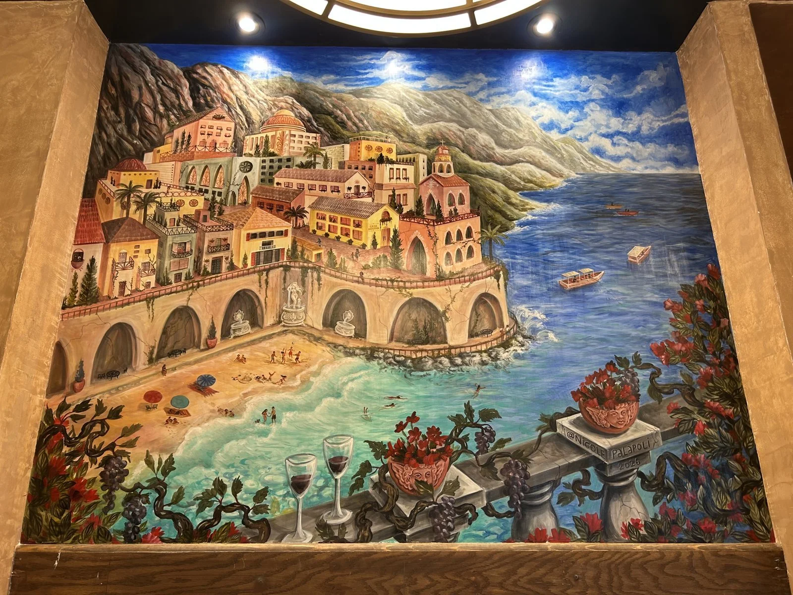 Mural by Nicole Palapoli: seaside village, interior wall