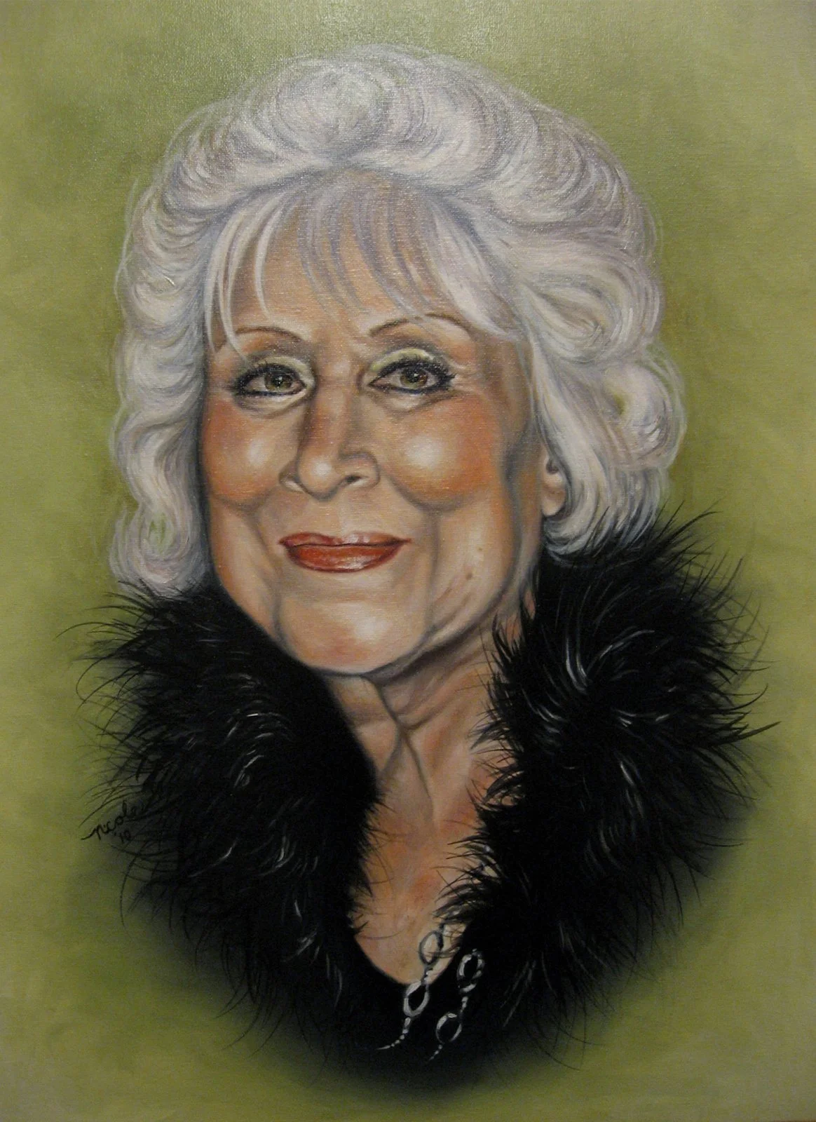Portrait by Nicole Palapoli: woman in a feather boa
