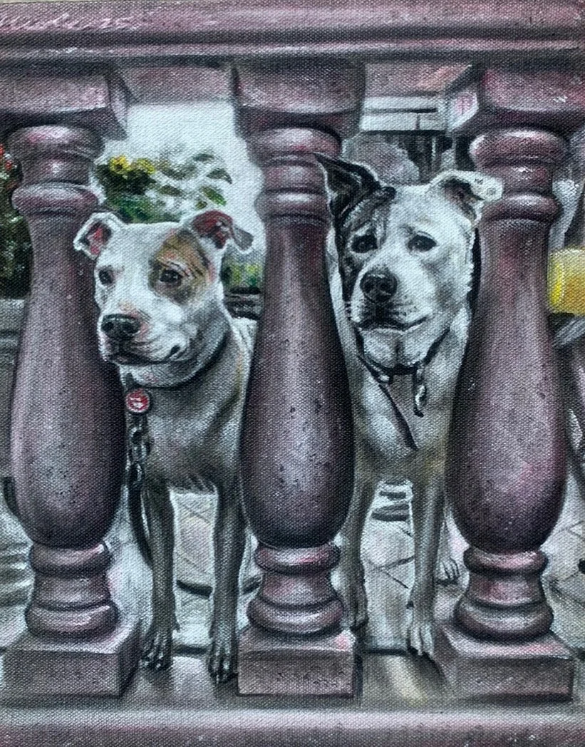 Portrait by Nicole Palapoli: two dogs between stone balusters