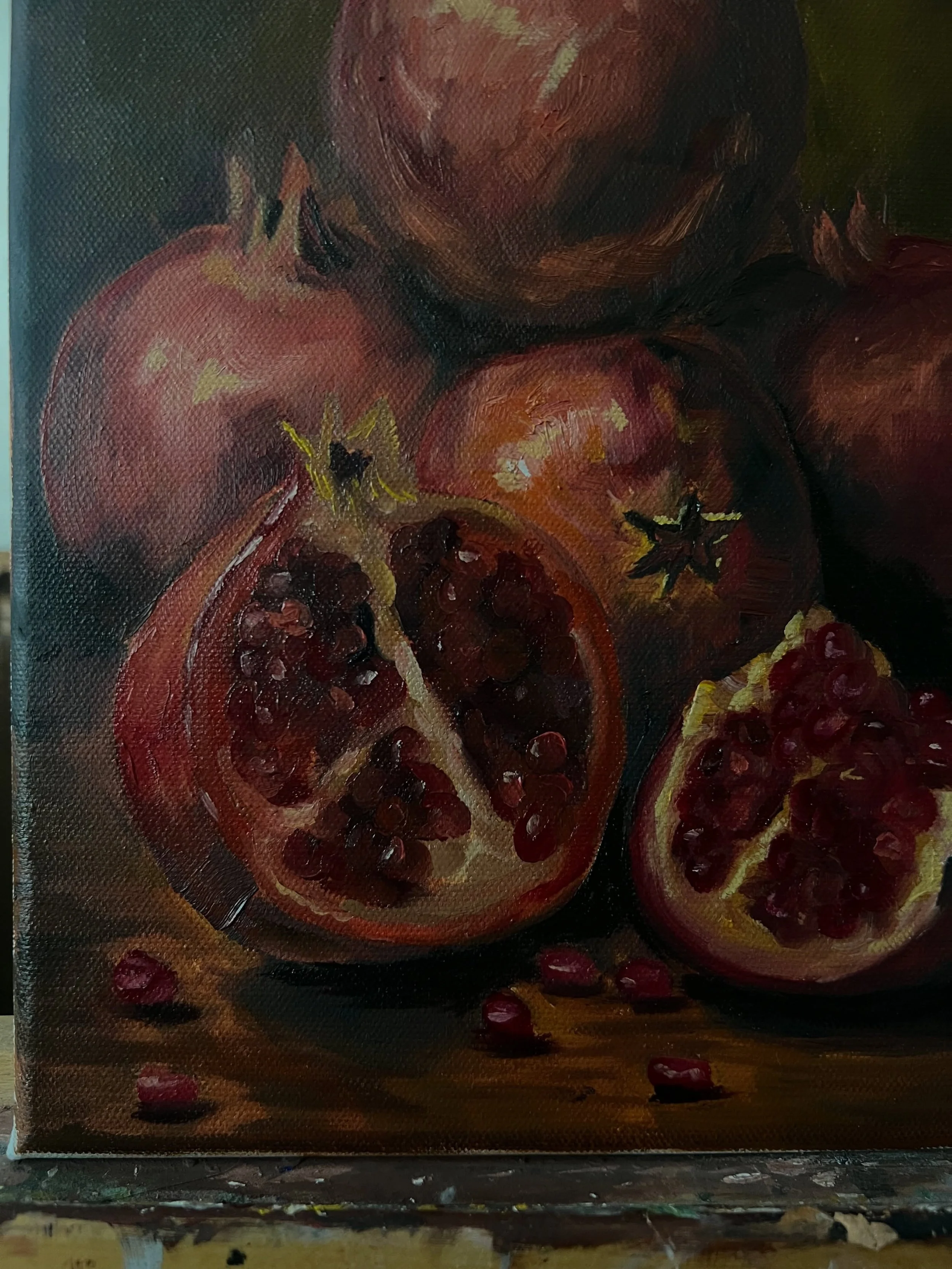 This one is almost done. I&rsquo;ve been working on keeping my brushstrokes loose; suggesting the pomegranate seeds instead of painting each one. I&rsquo;m studying Sargent and the way he could give the impression of form without over describing it.
