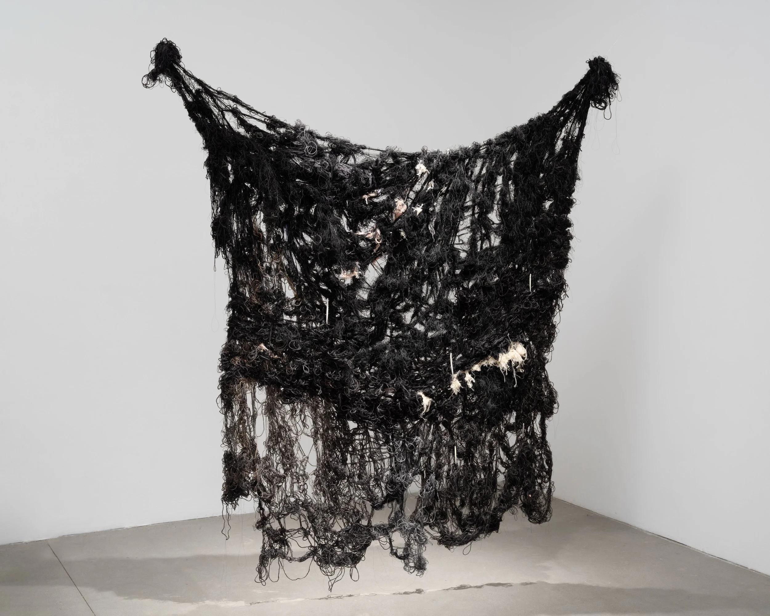 Gray Blanket, 2025, Yarns, threads, ceramic, 72x72 ins.