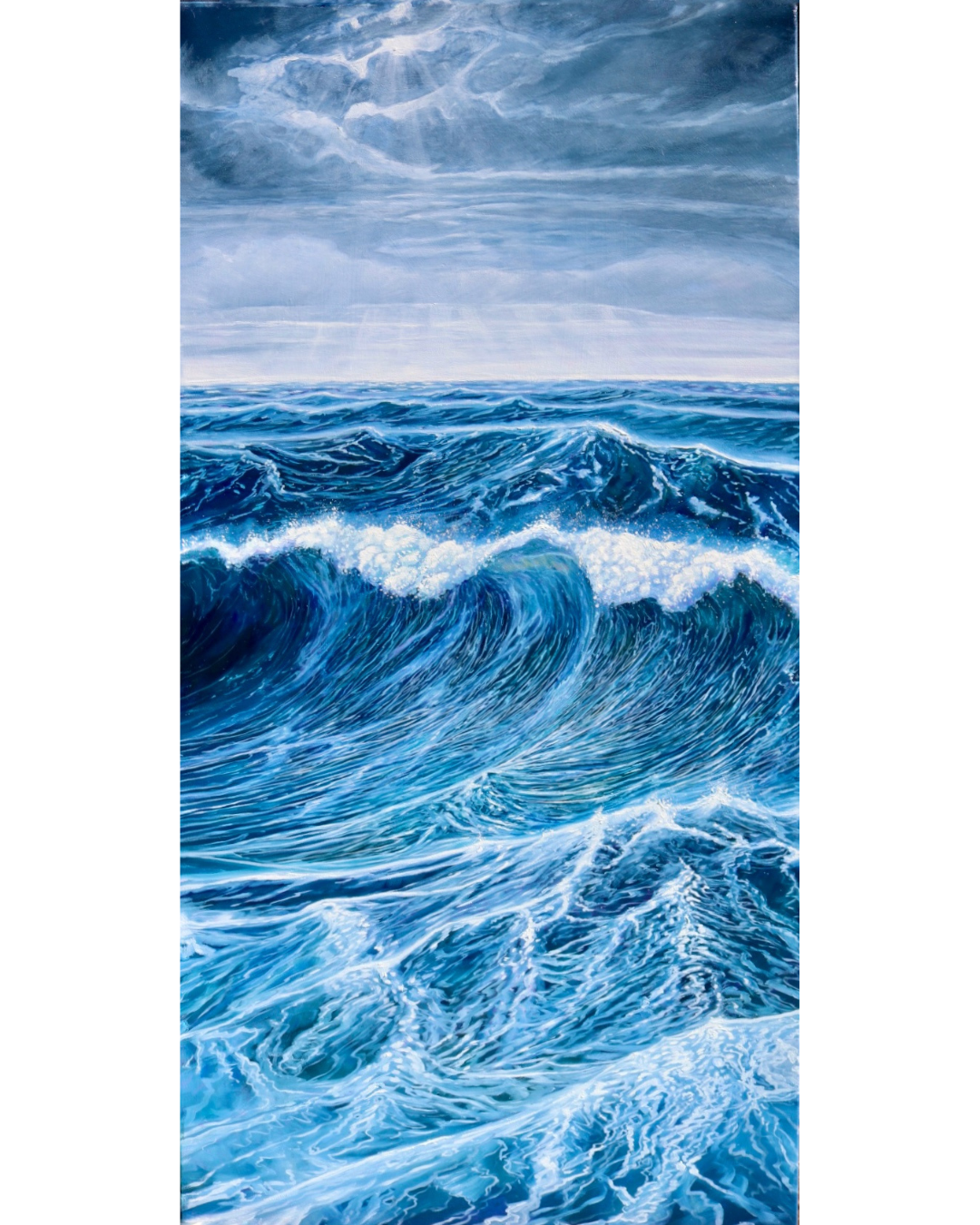 “Between Waves, There is Light” — stormy ocean painting with horizon light by Emma Paveley