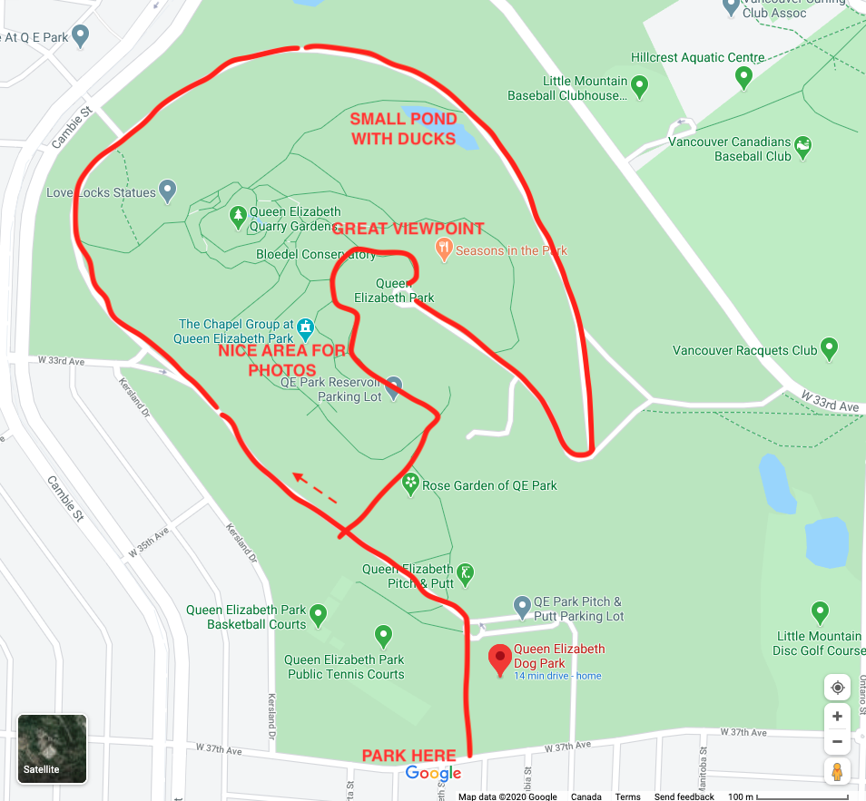 A map of our preferred path with Markus at Queen Elizabeth Park