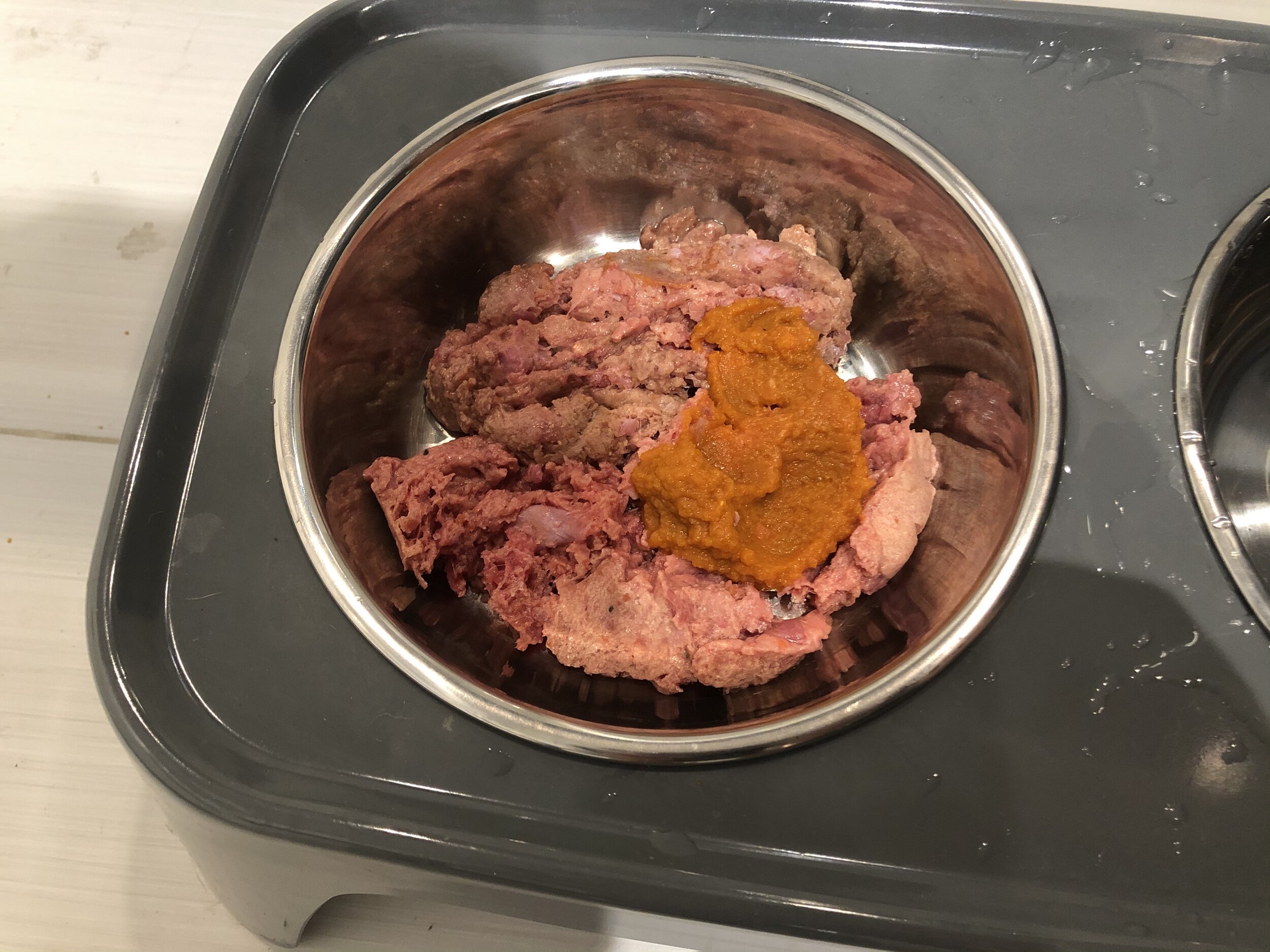 A bowl of Markus’ raw food from CRUDO with a splash of pumpkin on top