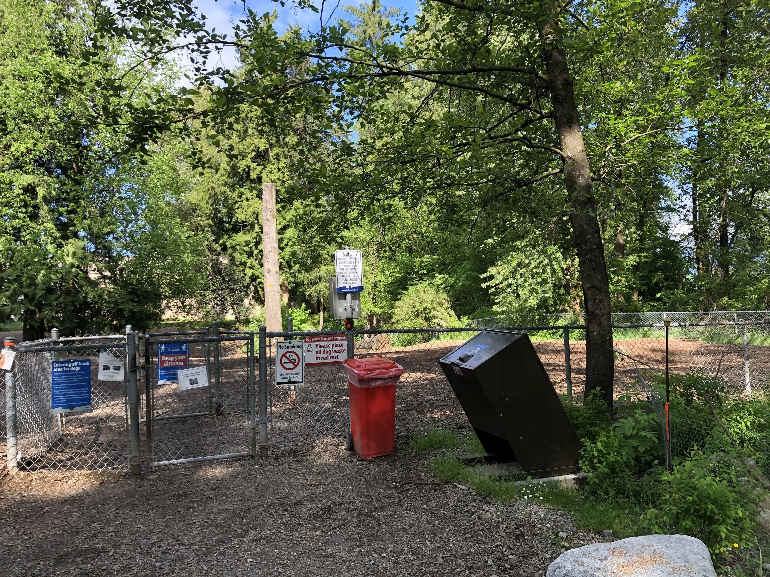 The single set of double-doors at the Off-Leash Dog Park at Rocky Point Park
