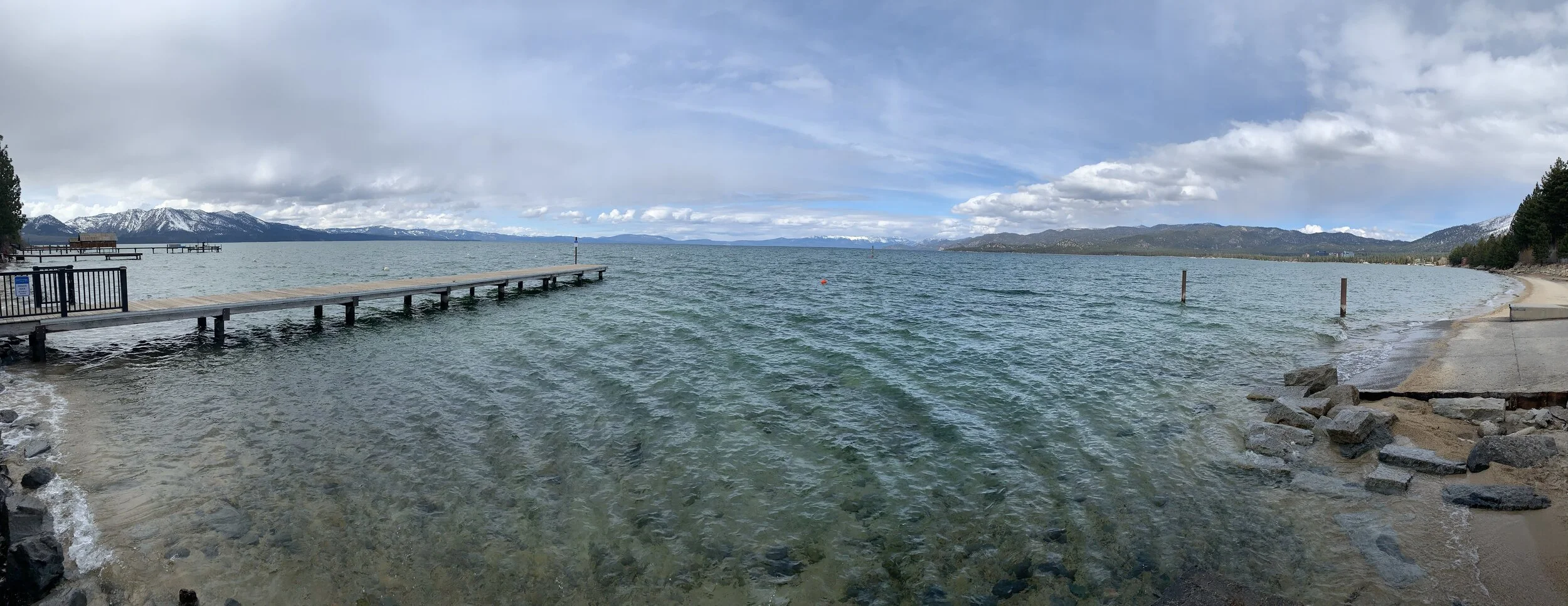 A panoramic shot of Lake Tahoe from the Lakeview Commons
