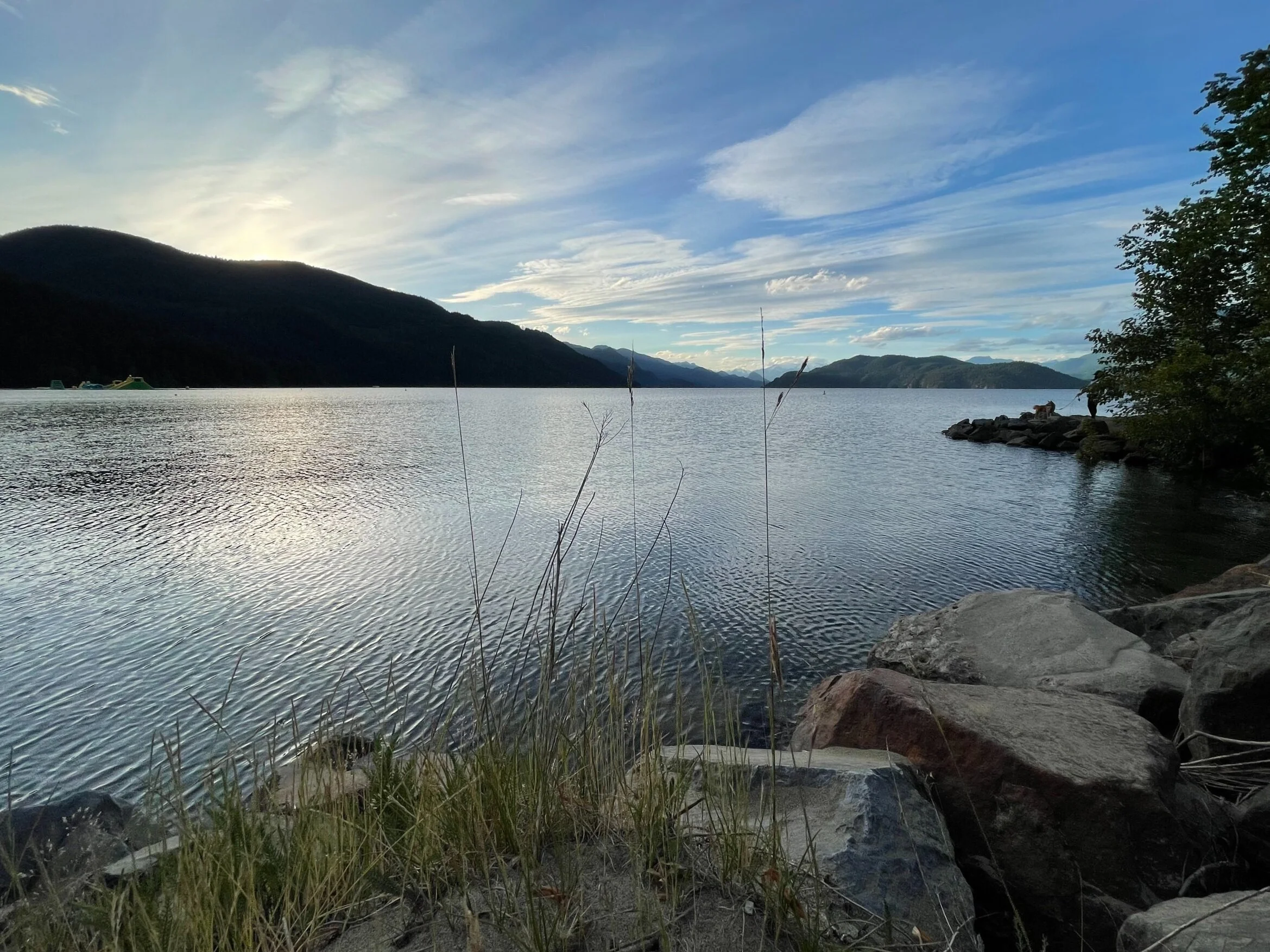 Markus enjoying the view of Harrison Lake from around the lagoon way off in the distance