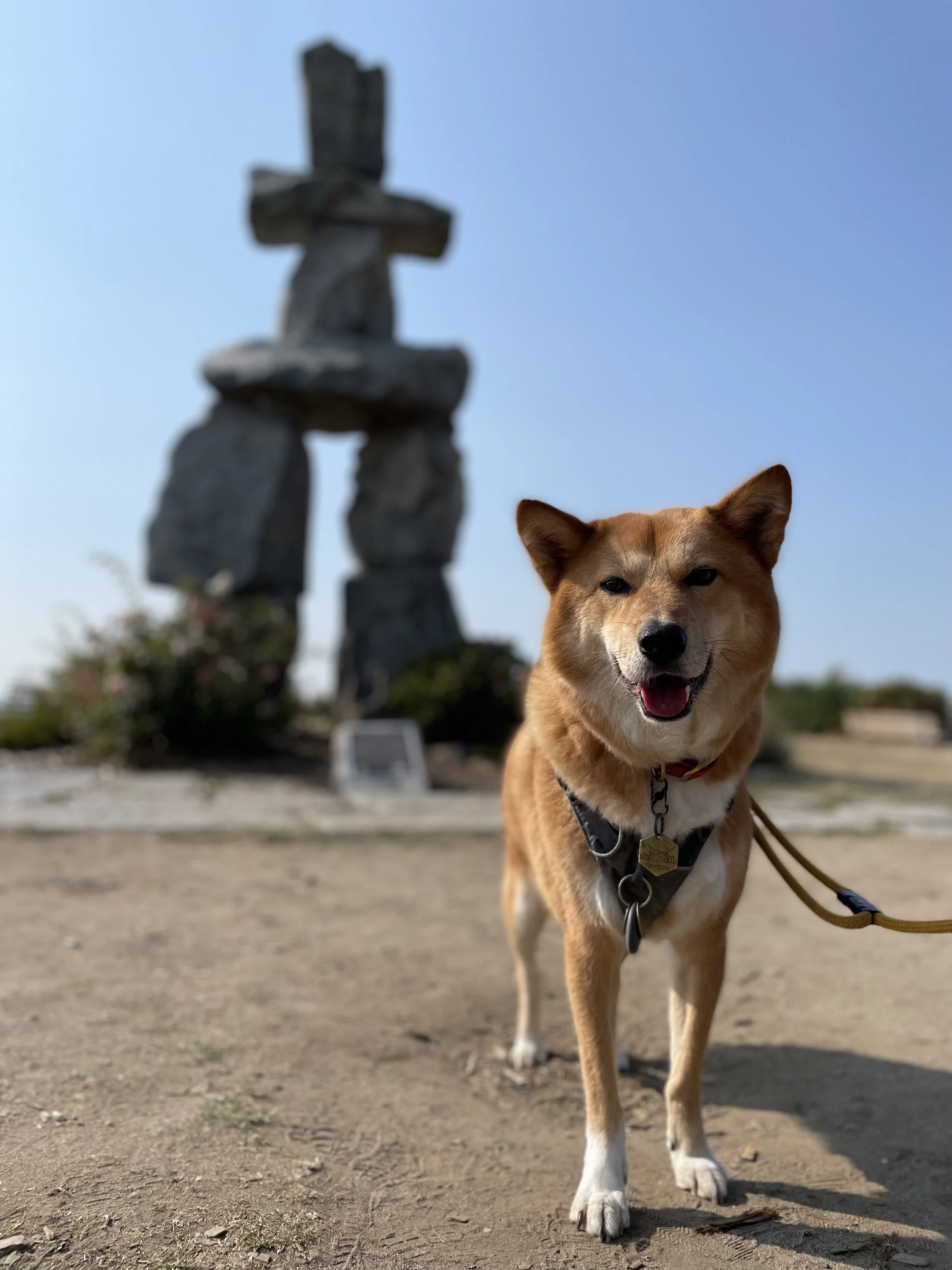 Markus posing in front of the inukshuk at English Bay Beach Park