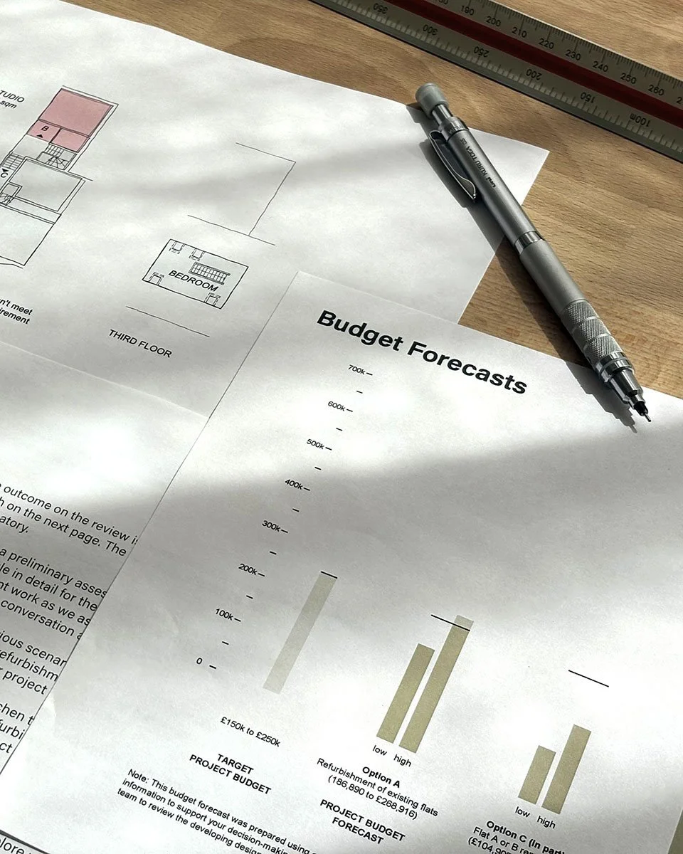 Pre-design appraisal with architectural layout options, budget forecasts, and briefing documents for residential project planning