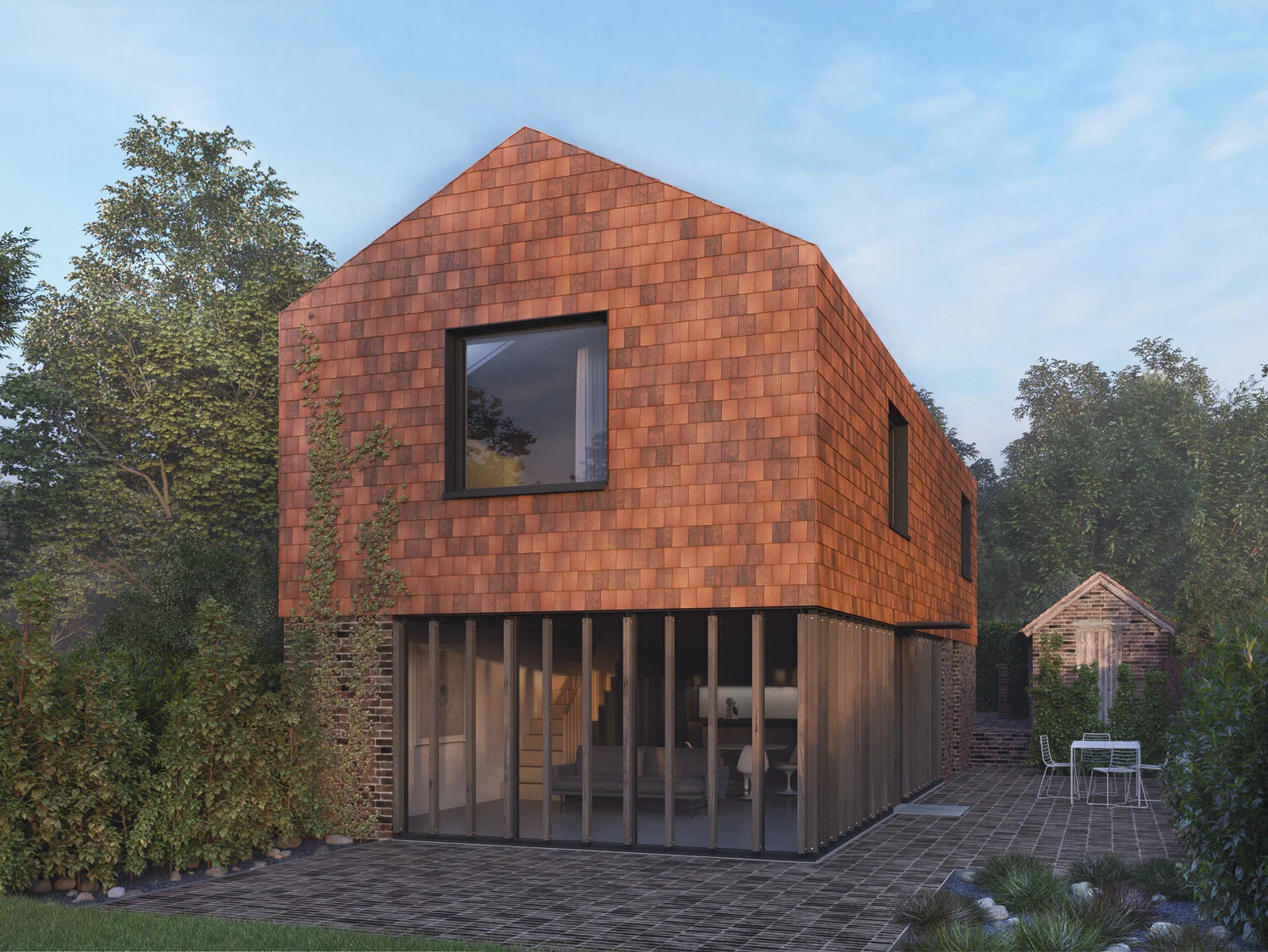 CGI visualisation of Kent House from the garden, with reclaimed Kent peg tiles, brick walls and a glazed ground floor.