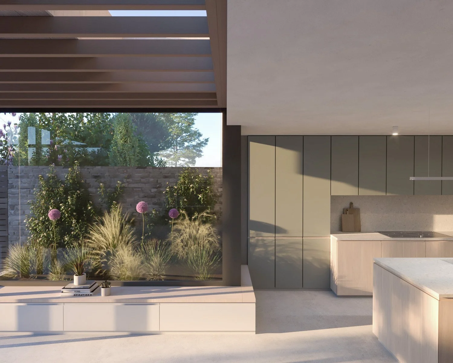 Calm contemporary interior at Planter House in Walthamstow showing light storage movement and carefully organised space
