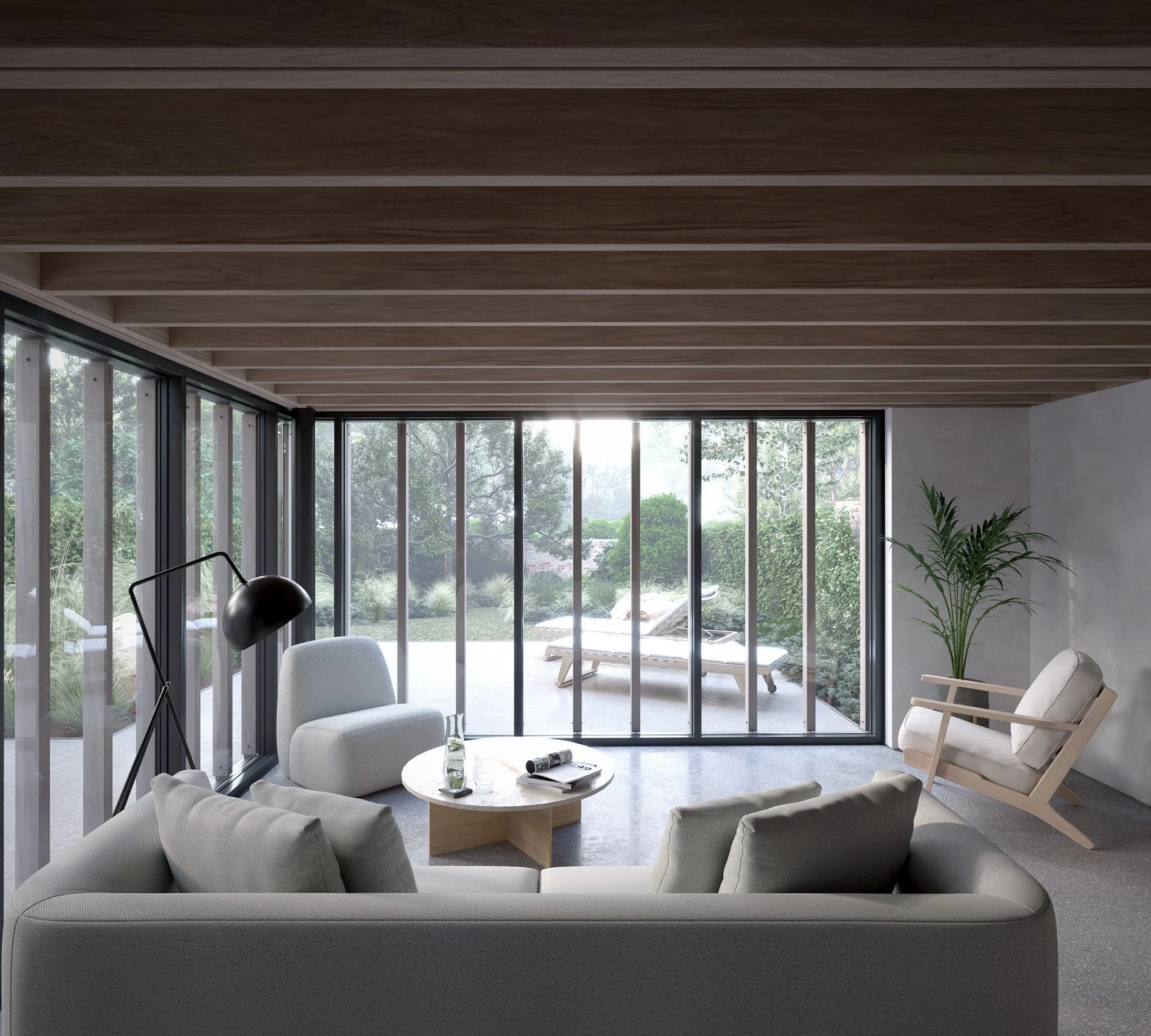 Light-filled garden room with timber ceiling, full-height glazing and sustainable interior finishes in a London home