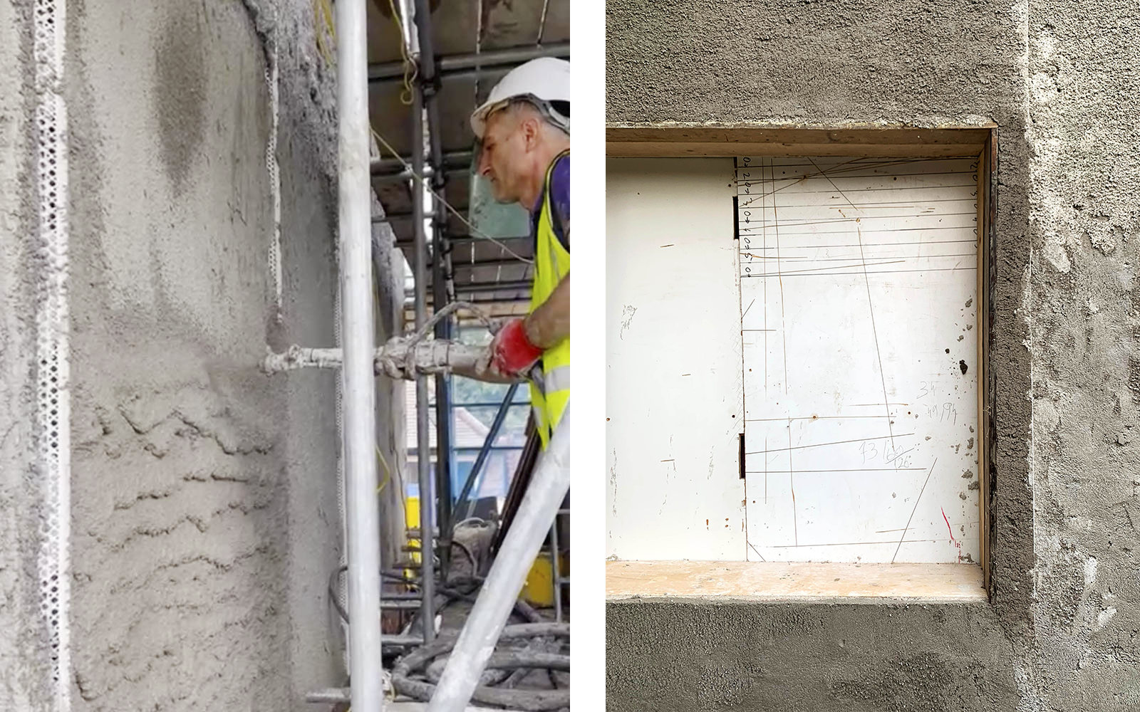 Site photos of Diathonite cork render being applied