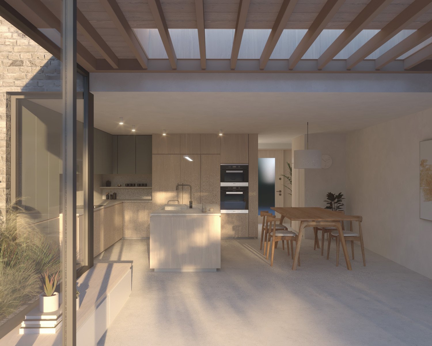 View from the garden through the glazed rear extension towards the kitchen and dining space at Planter House in Walthamstow.