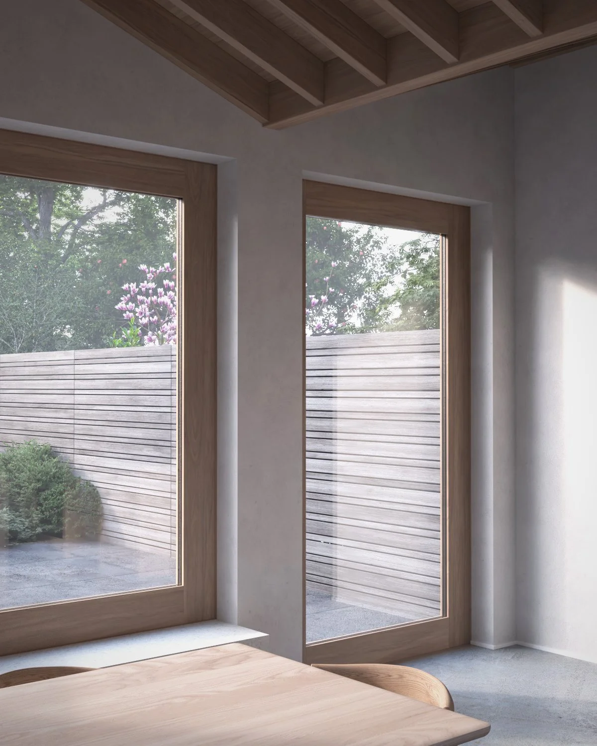 Architectural visualisation of the proposed timber-framed garden door and corner glazing beneath the folded roof.